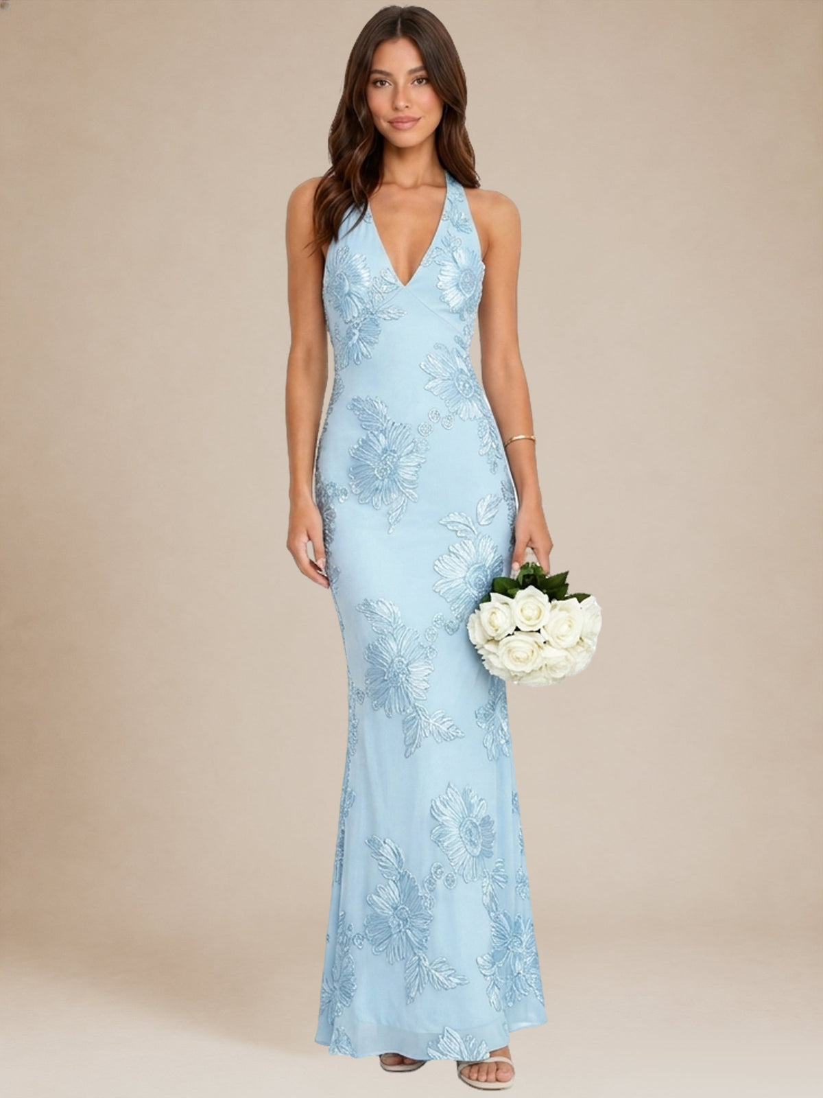 Halter Deep V-Neck Mermaid Floral Applique Long Bridesmaid Dress