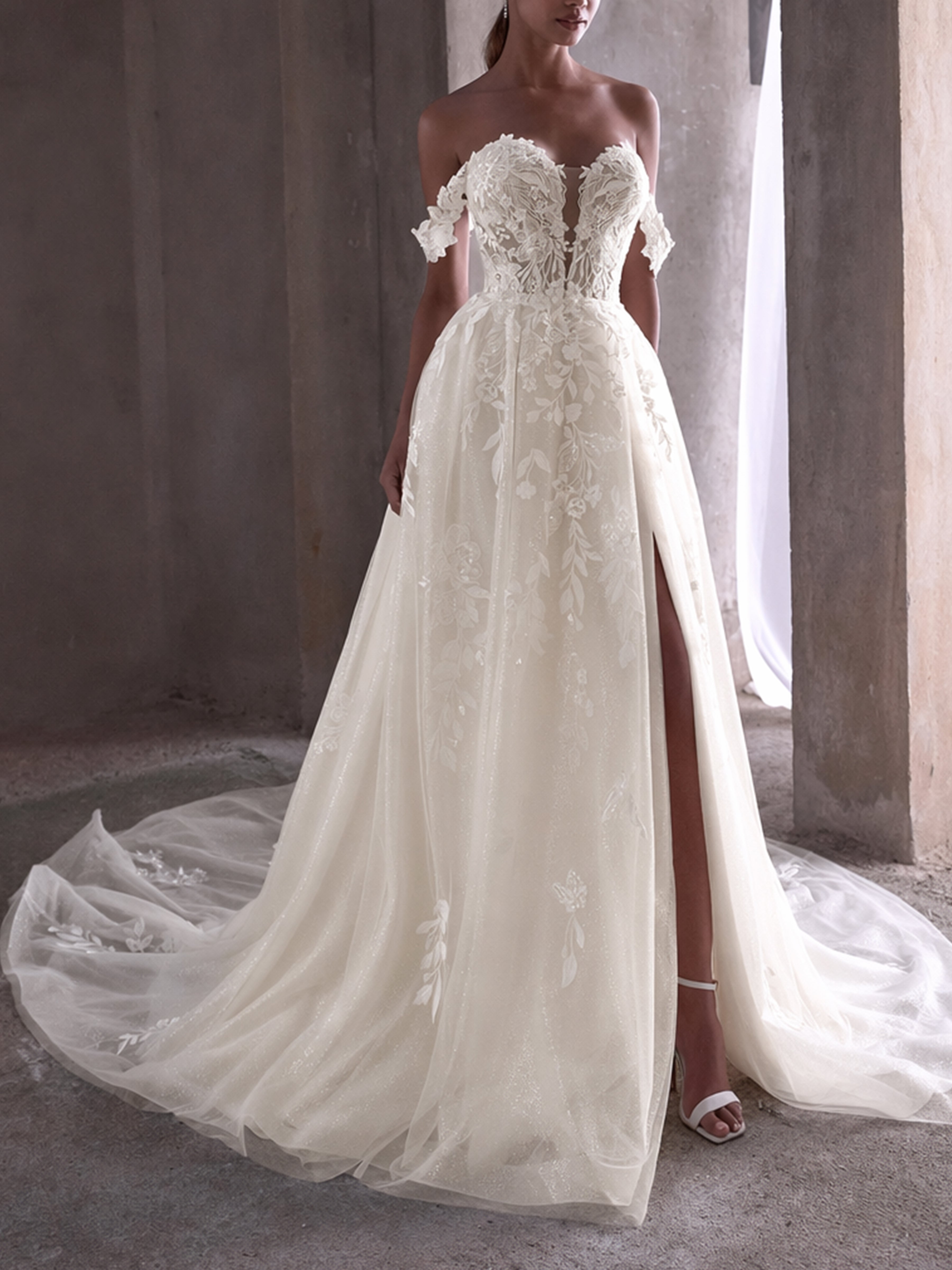 ROVDESY  Off The Shoulder A-Line Sweetheart Lace Wedding Dress Bridal Gown With Slit