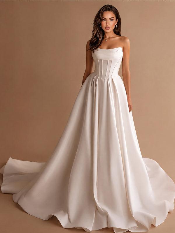Strapless Satin Corset A-Line Wedding Dress With Train