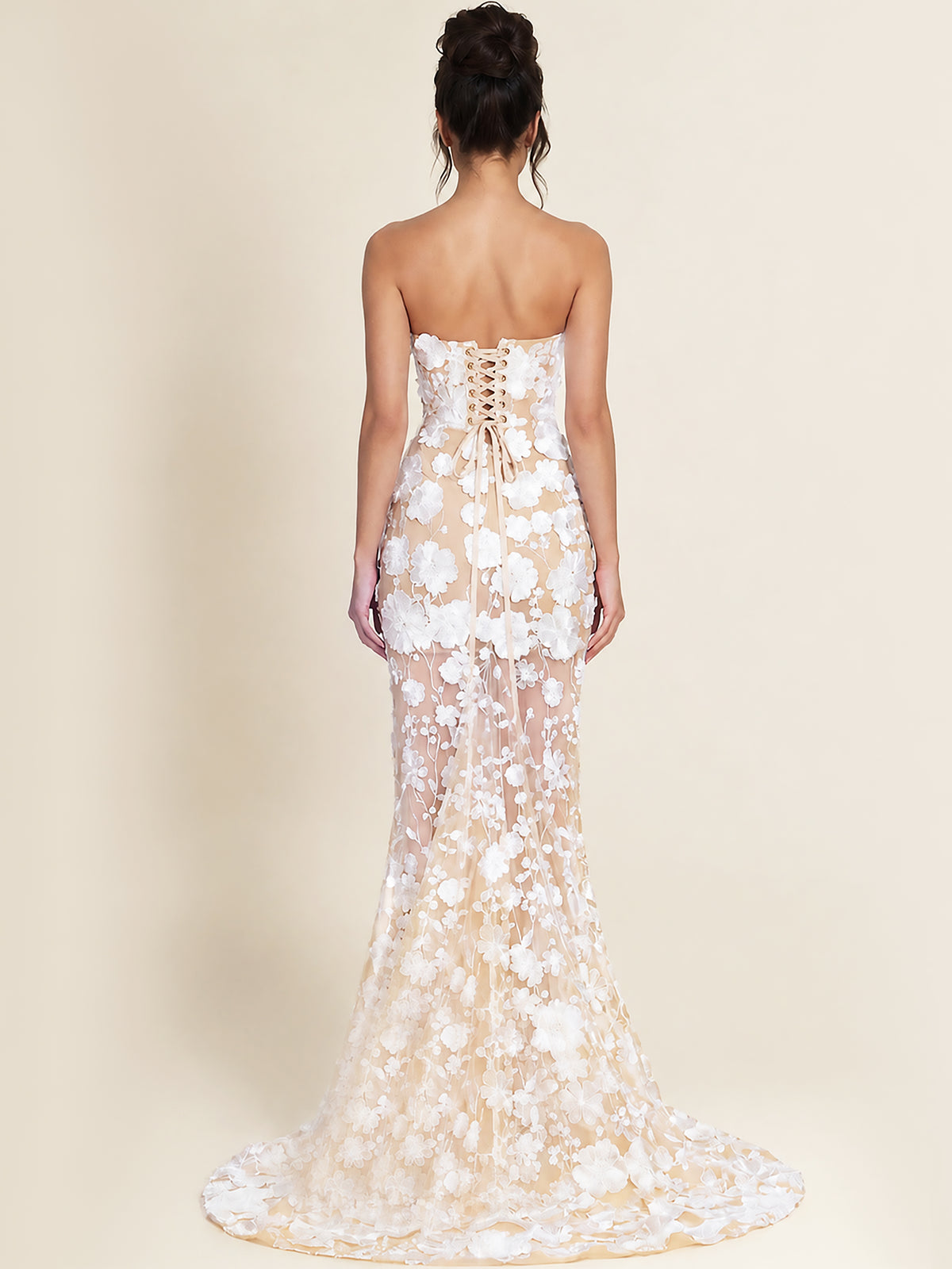 Strapless 3D Floral Lace Mermaid Long Formal Dress With Corset Back