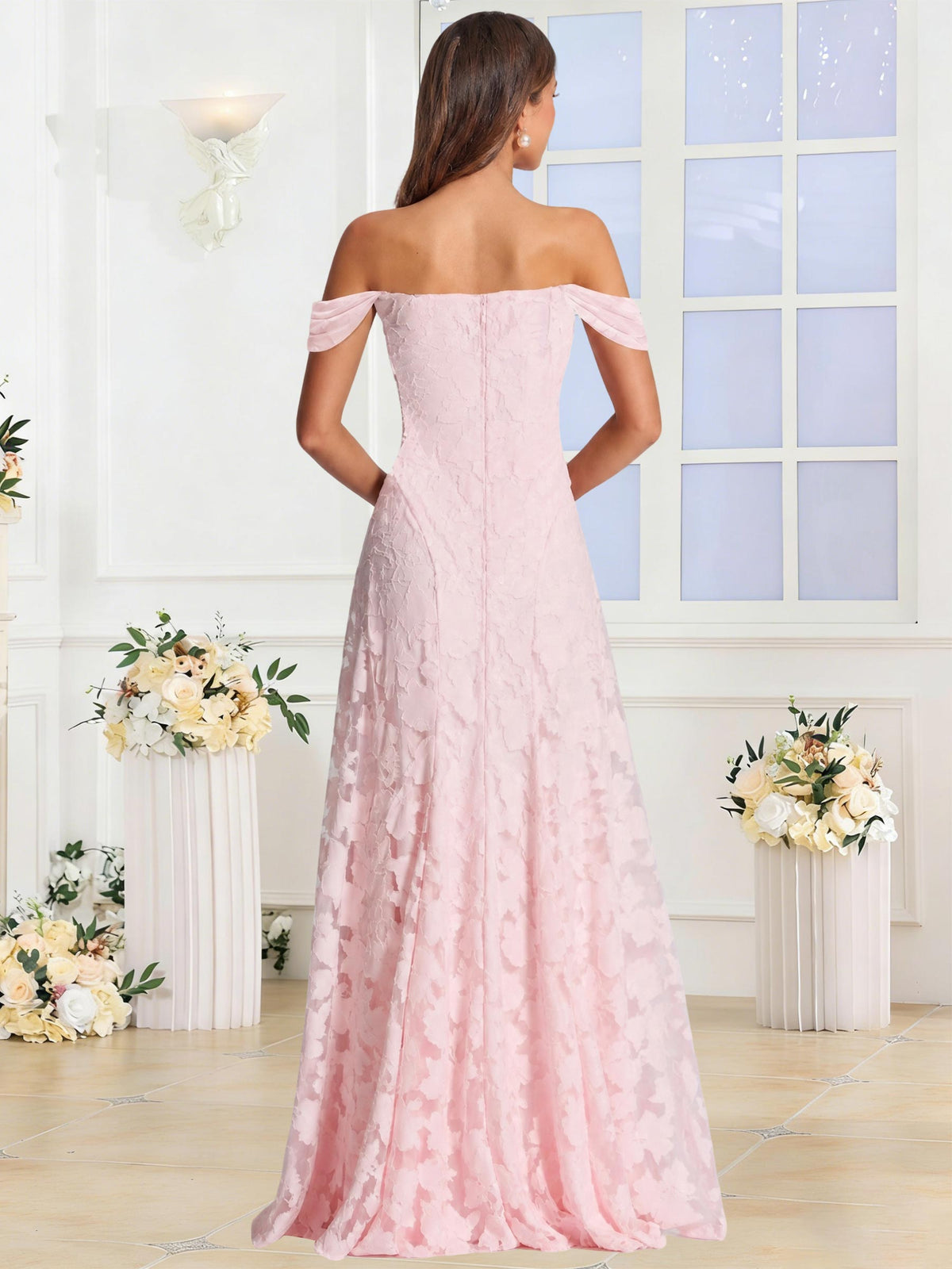 Off the Shoulder Floral Ruched A-line Bridesmaid Dress