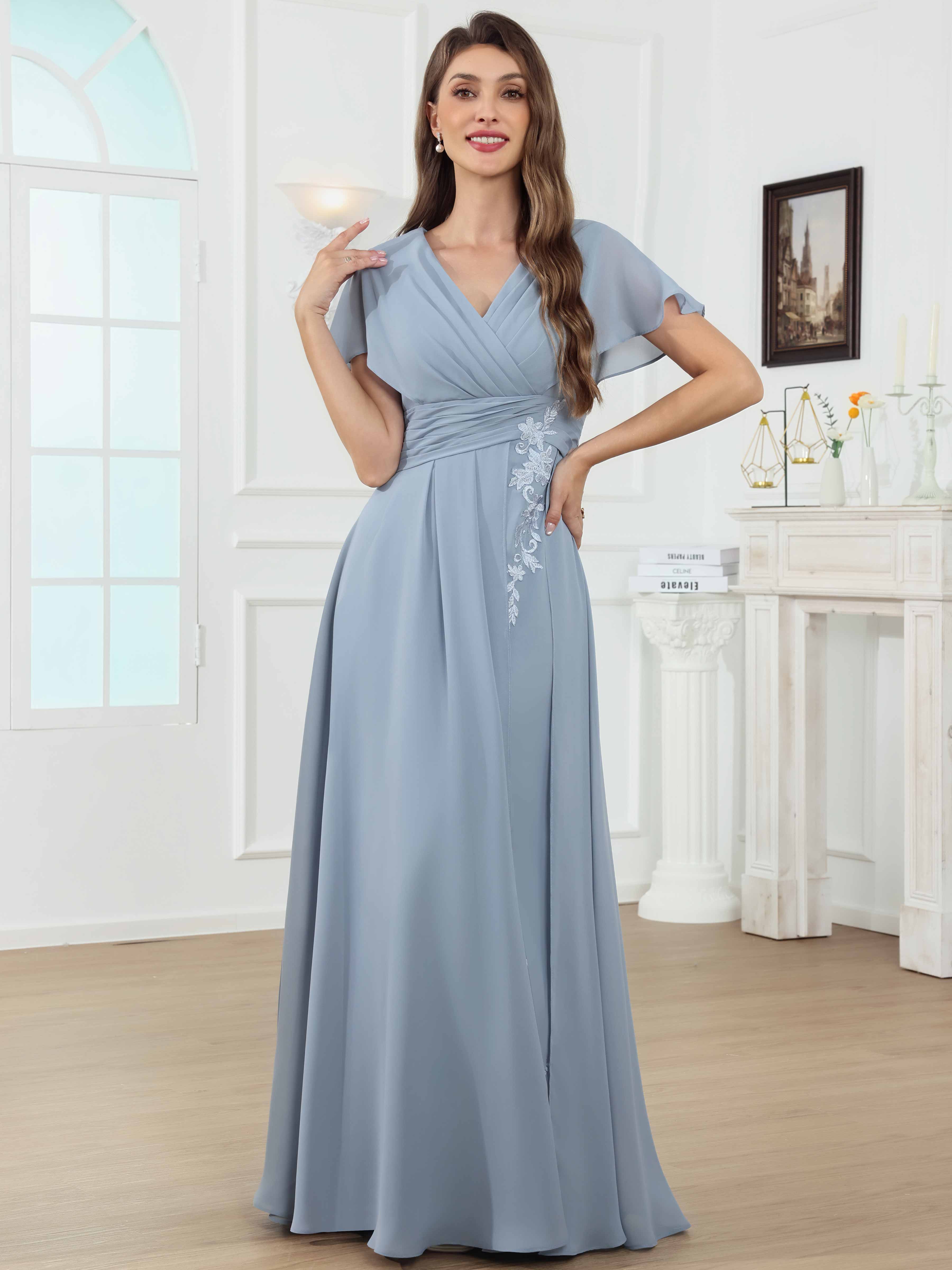 ROVDESY A-Line V-Neck Pleated Lace Chiffon Mother Of The Bride Dress With Short Sleeves