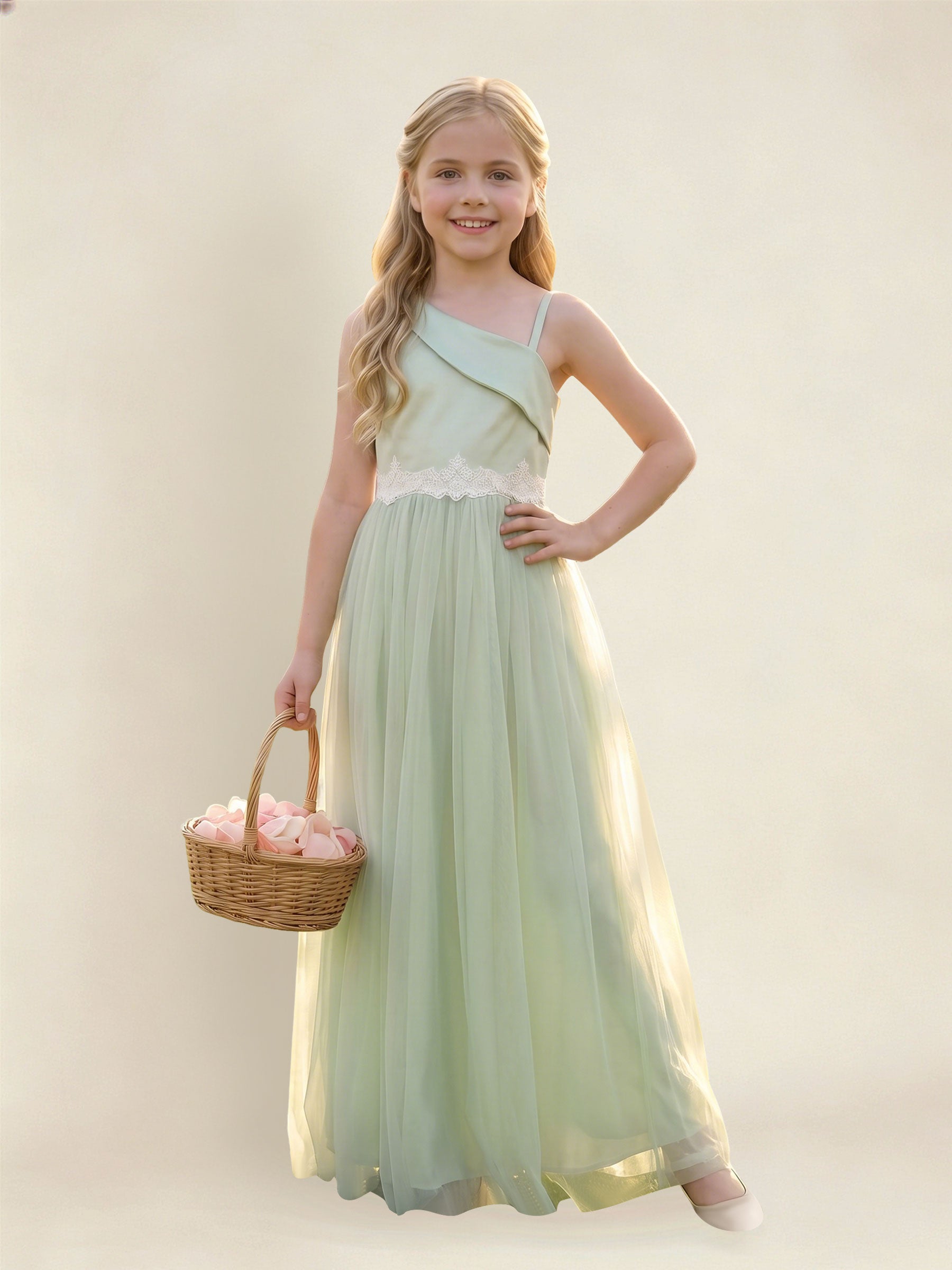 ROVDESY Asymmetric One Shoulder  Satin  Tulle Junior Bridesmaid Dress