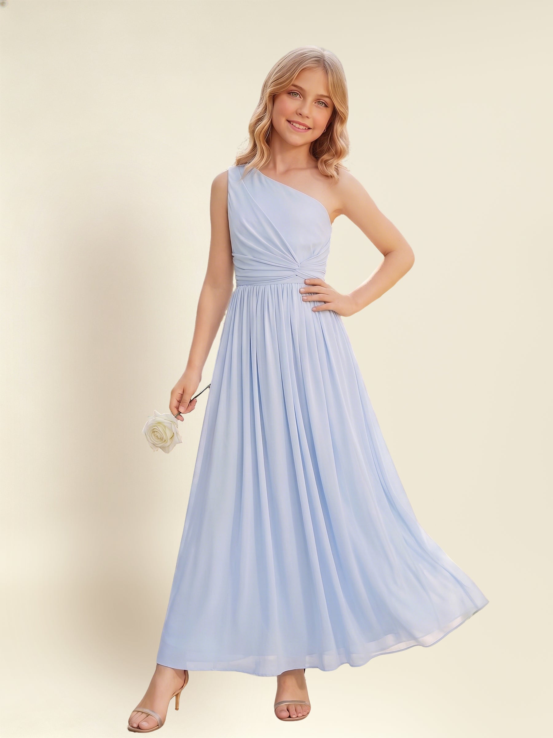 ROVDESY One Shoulder Twist Waist Chiffon Junior Bridesmaid Maxi Dress