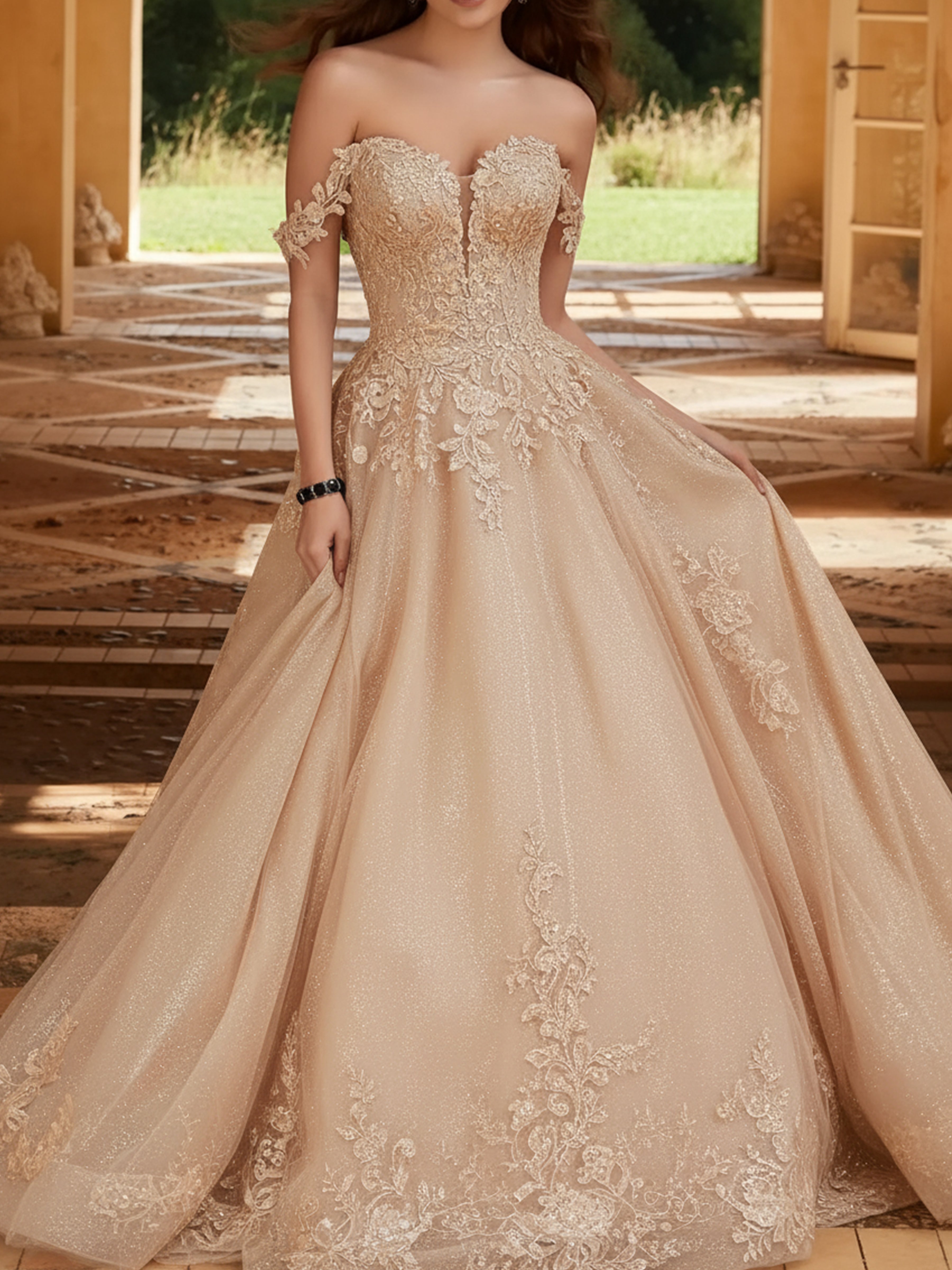 ROVDESY Off The Shoulder Sweetheart Lace Ball Gown Wedding  Dress Bridal Gown With Train