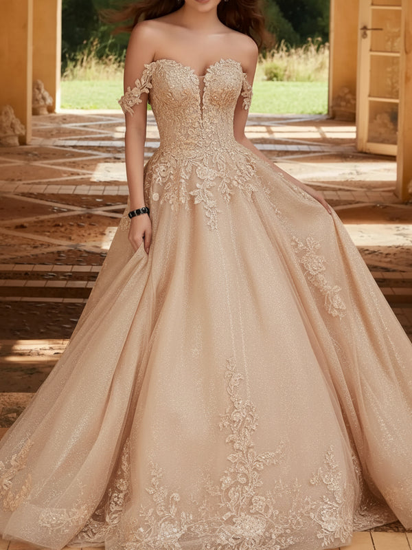 Off The Shoulder Sweetheart Lace Ball Gown Wedding  Dress Bridal Gown With Train