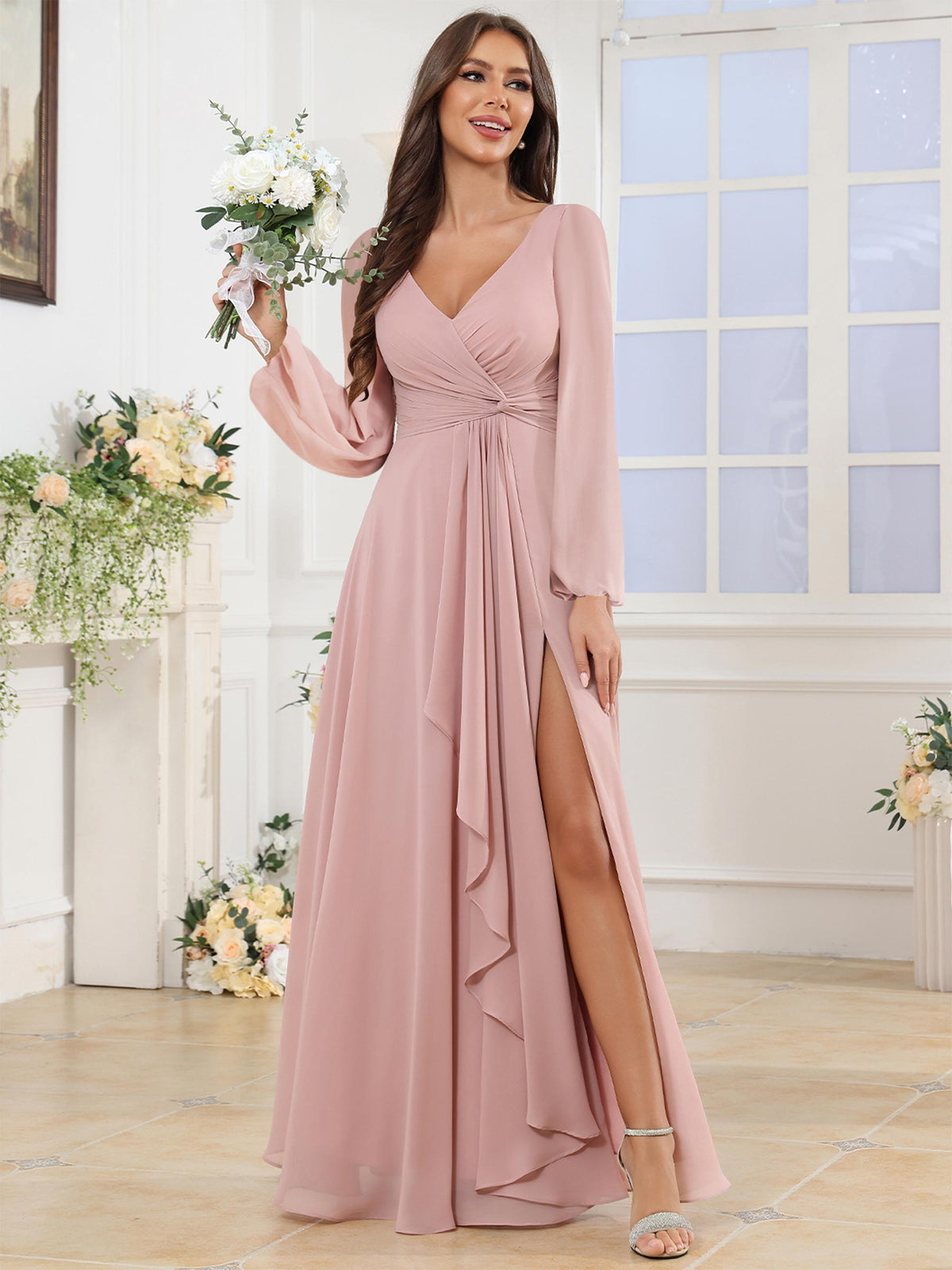 V Neck Chiffon Long Sleeve Bridesmaid Dresses with Slit