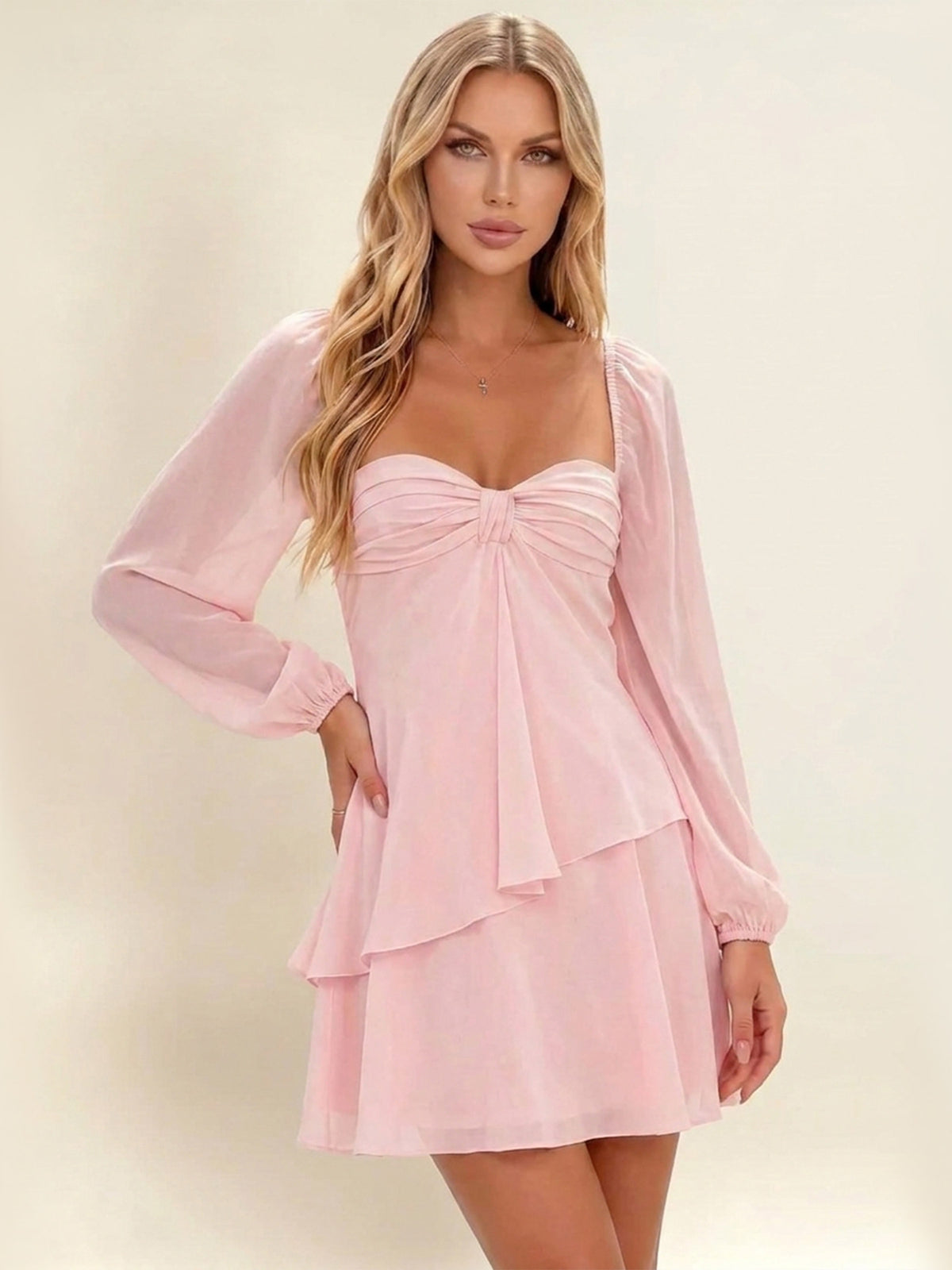A-Line Ruffled Chiffon Homecoming Mini Dress With Long Sleeves