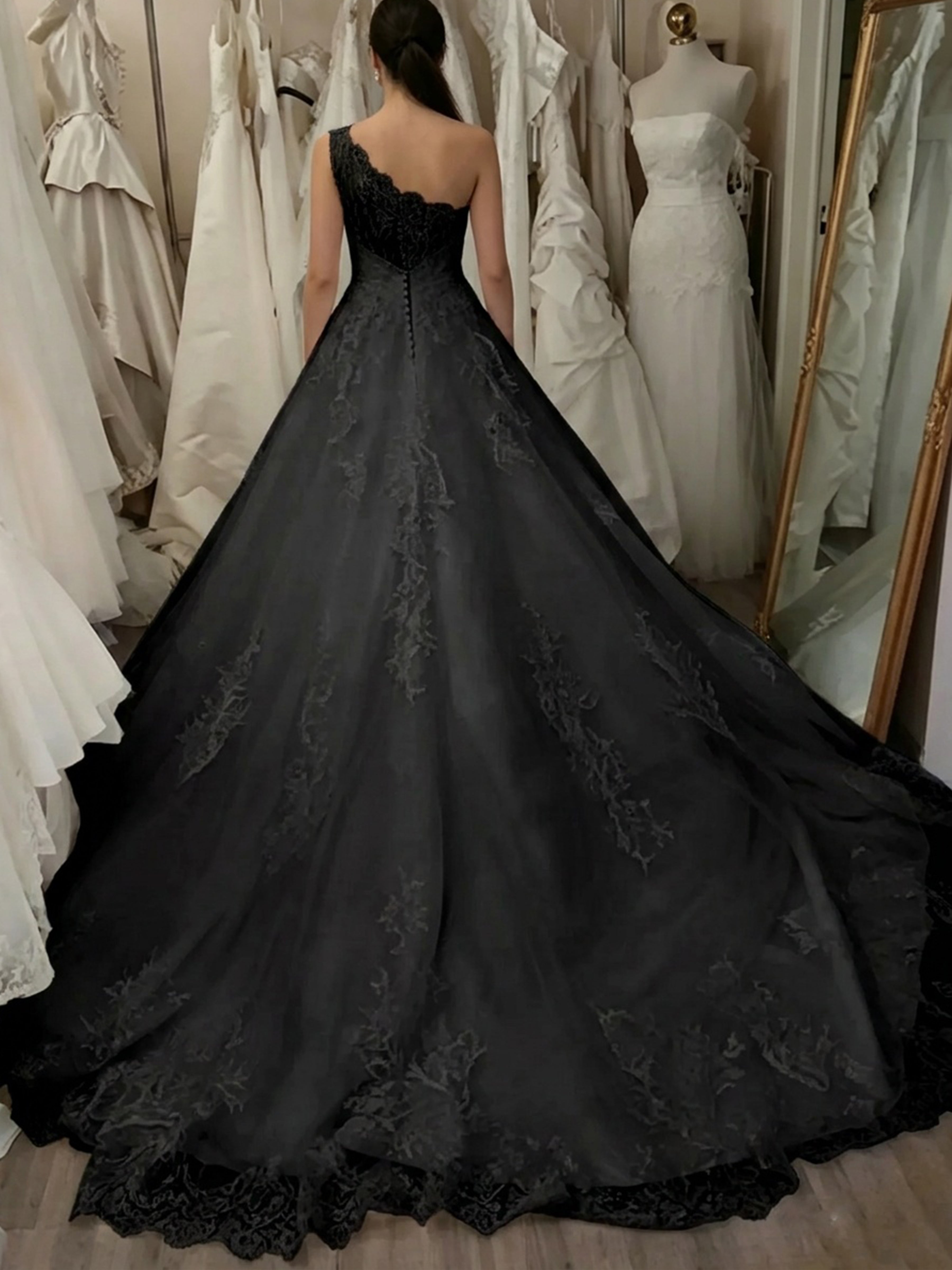 ROVDESY  One Shoulder Lace A-Line Tulle Wedding Dress Bridal Gown