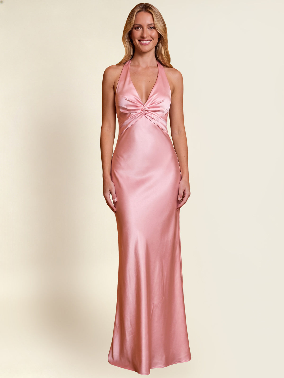 Halter Satin Mermaid Long Bridesmaid/Prom Dress With Front Twist Knot