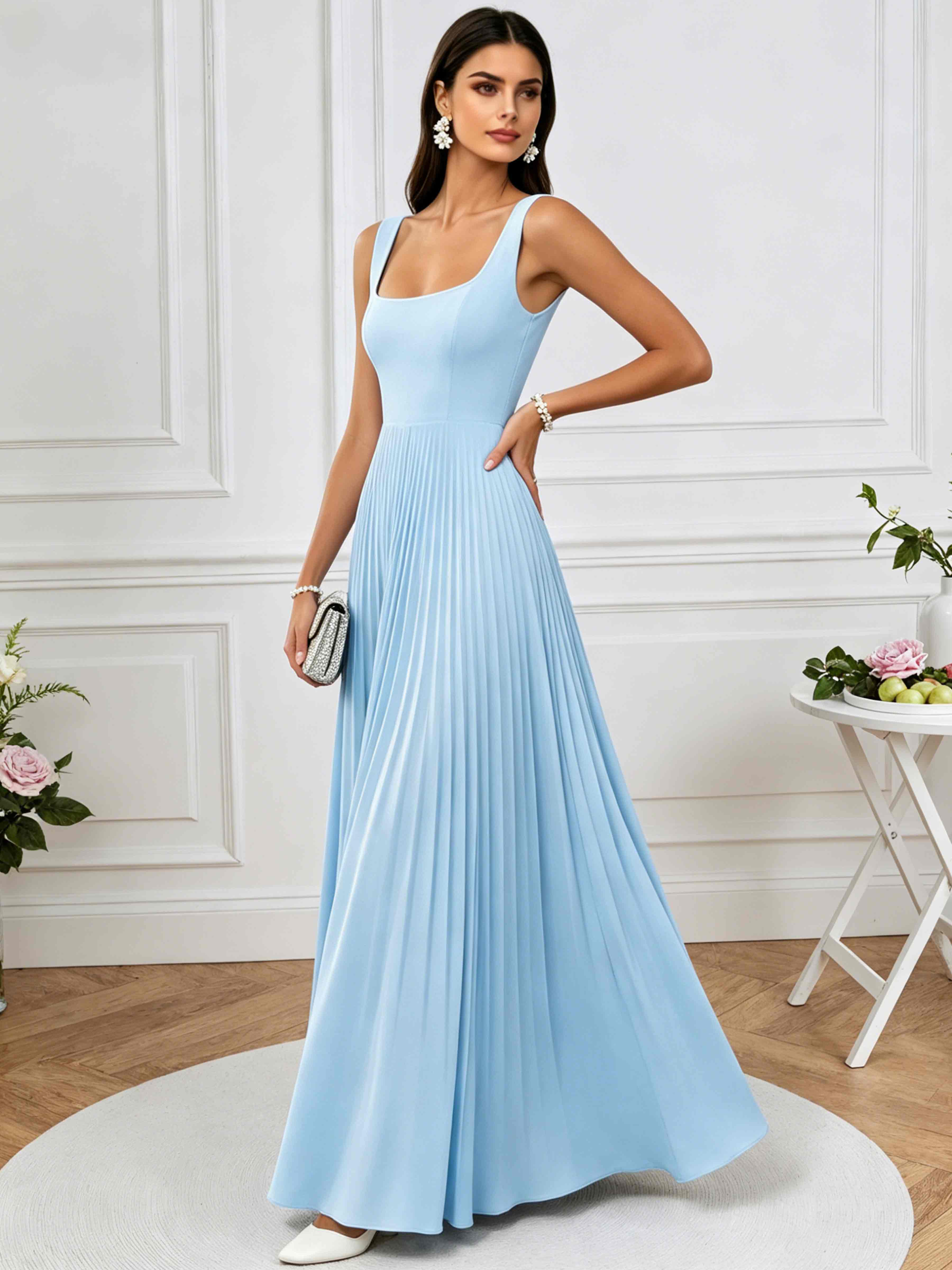 ROVDESY A-Line Square Neck Pleated Chiffon Long Bridesmaid/Prom Dress