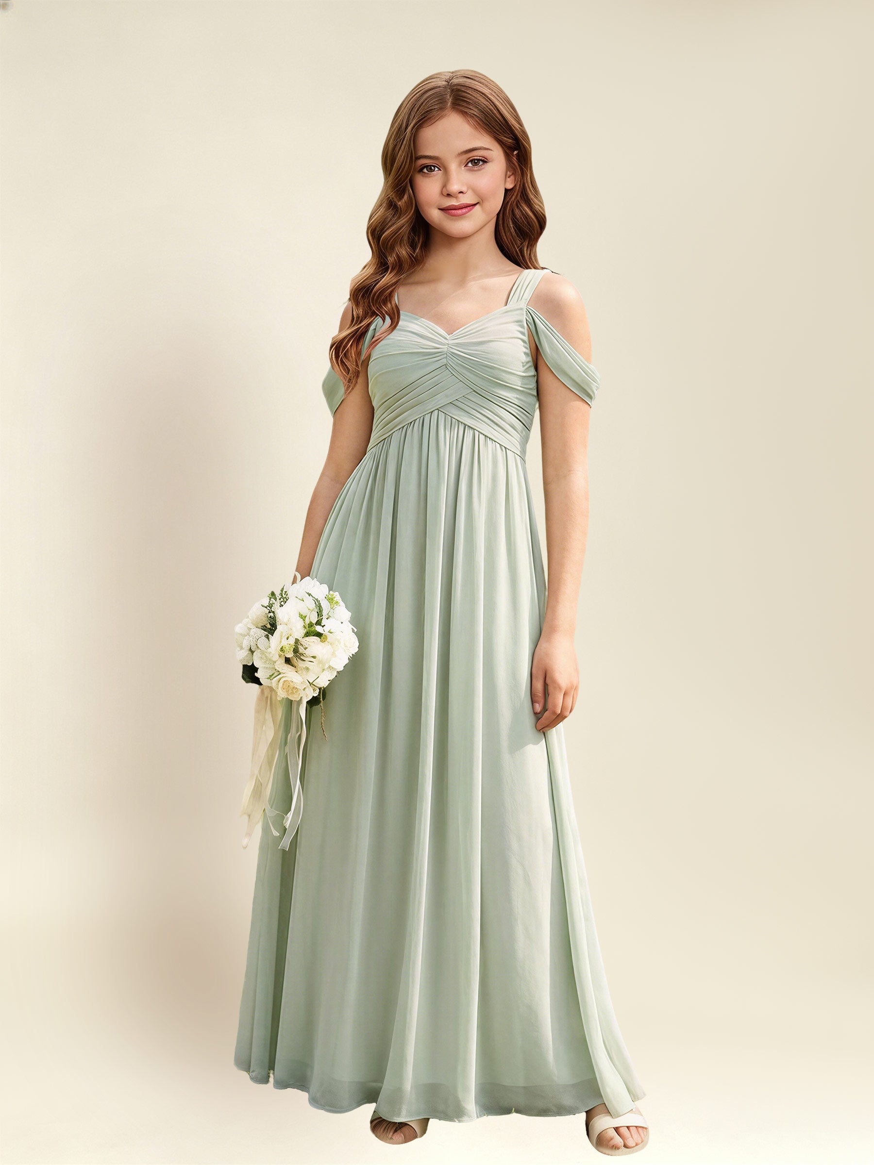 ROVDESY A-Line Off The Shoulder Pleated Chiffon Junior Bridesmaid Dress