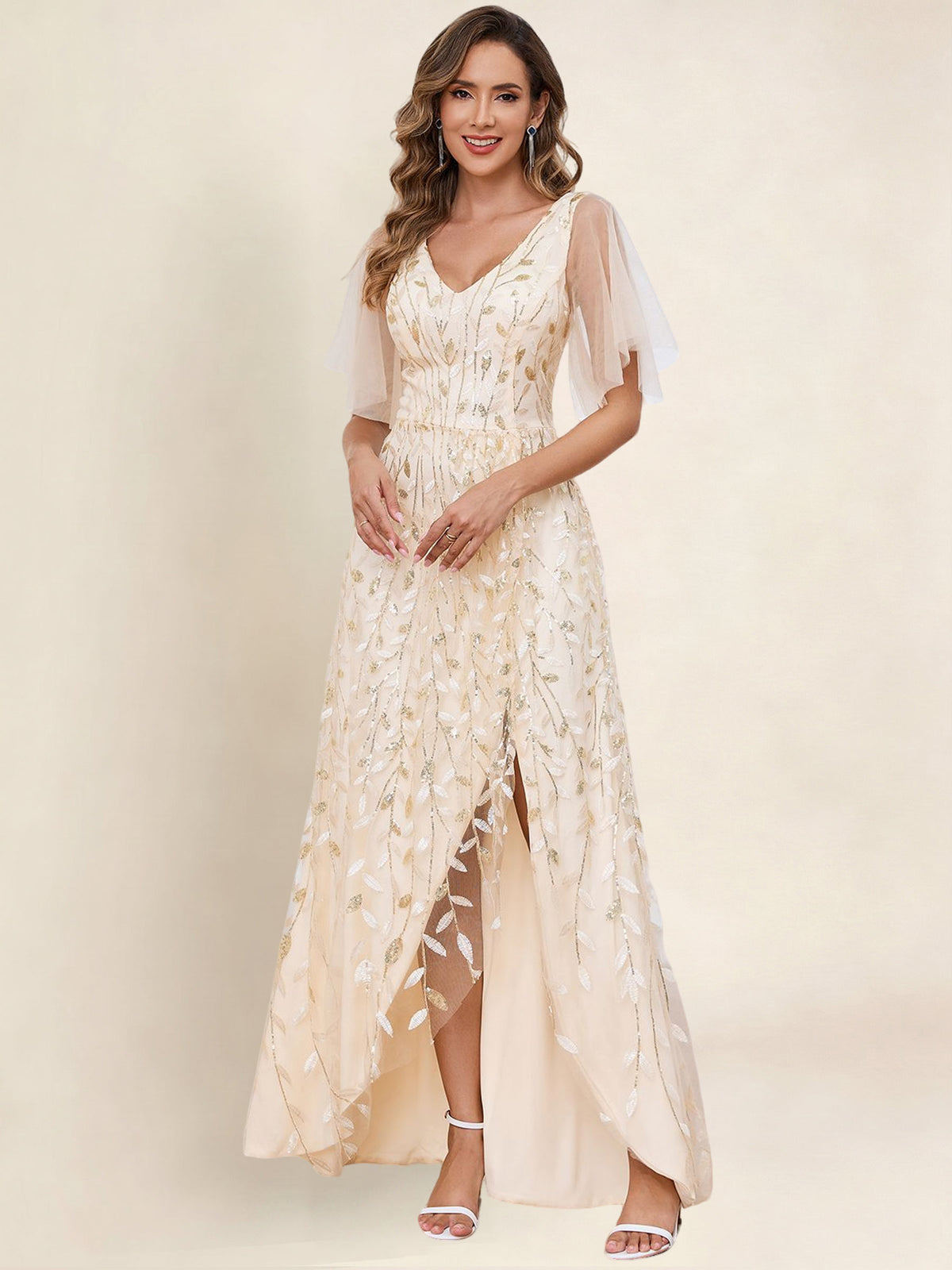 V Neck Sequin Tulle A Line Mother of the Bride Dress with Sleeves