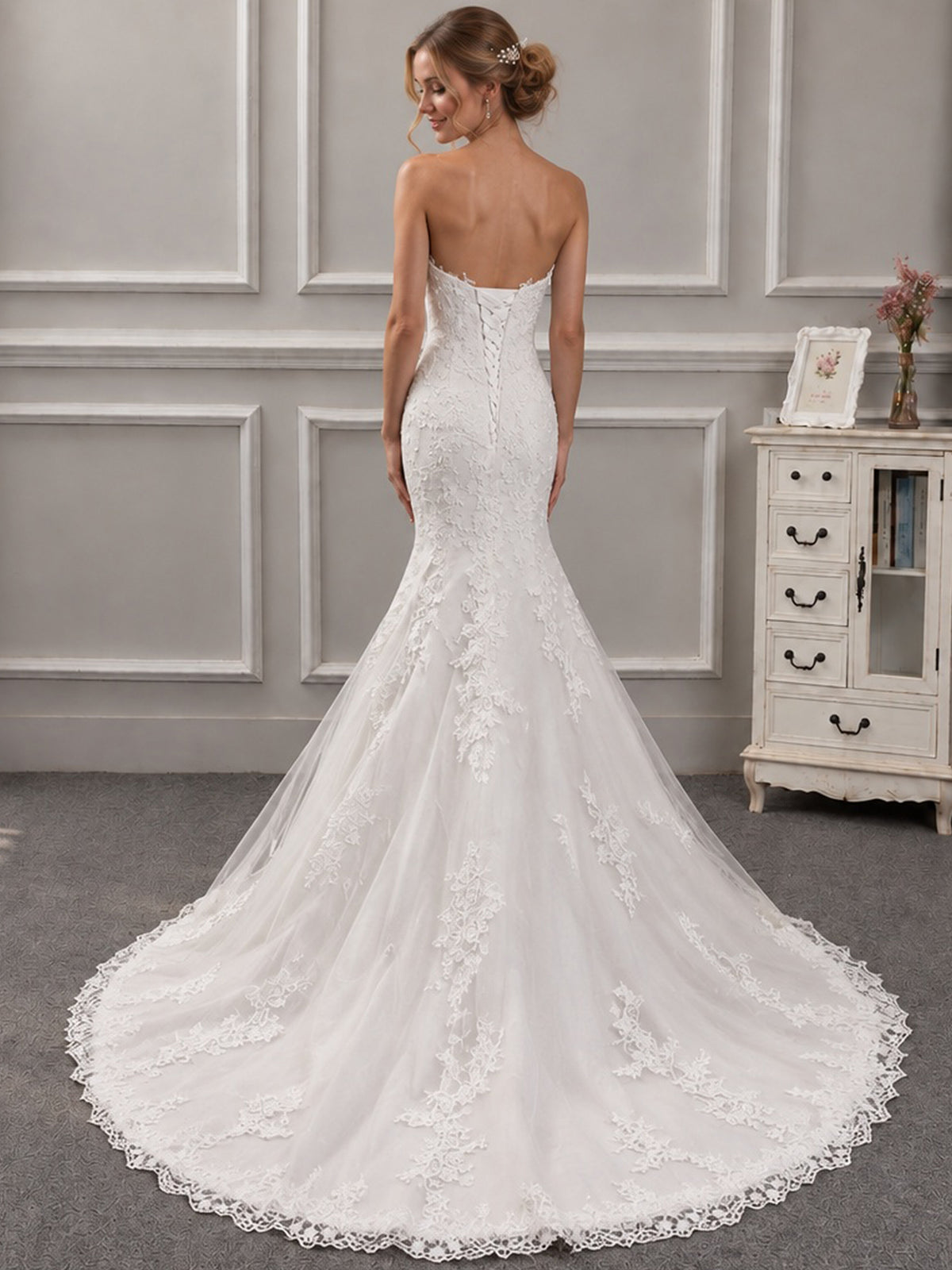 Strapless Sweetheart Lace Mermaid Wedding Dress with Corset Back