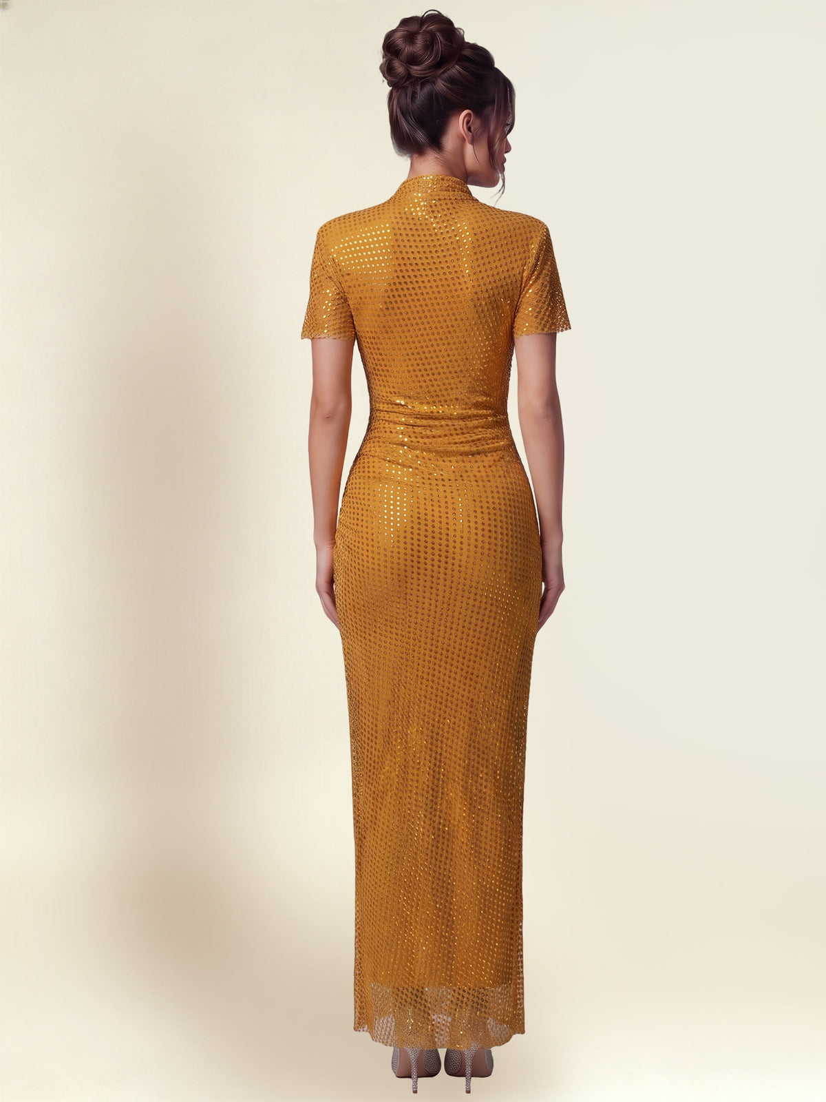 Golden Tube?Rhinestone Wrap Maxi Formal Dress With Asymmetrical Cutout Neck