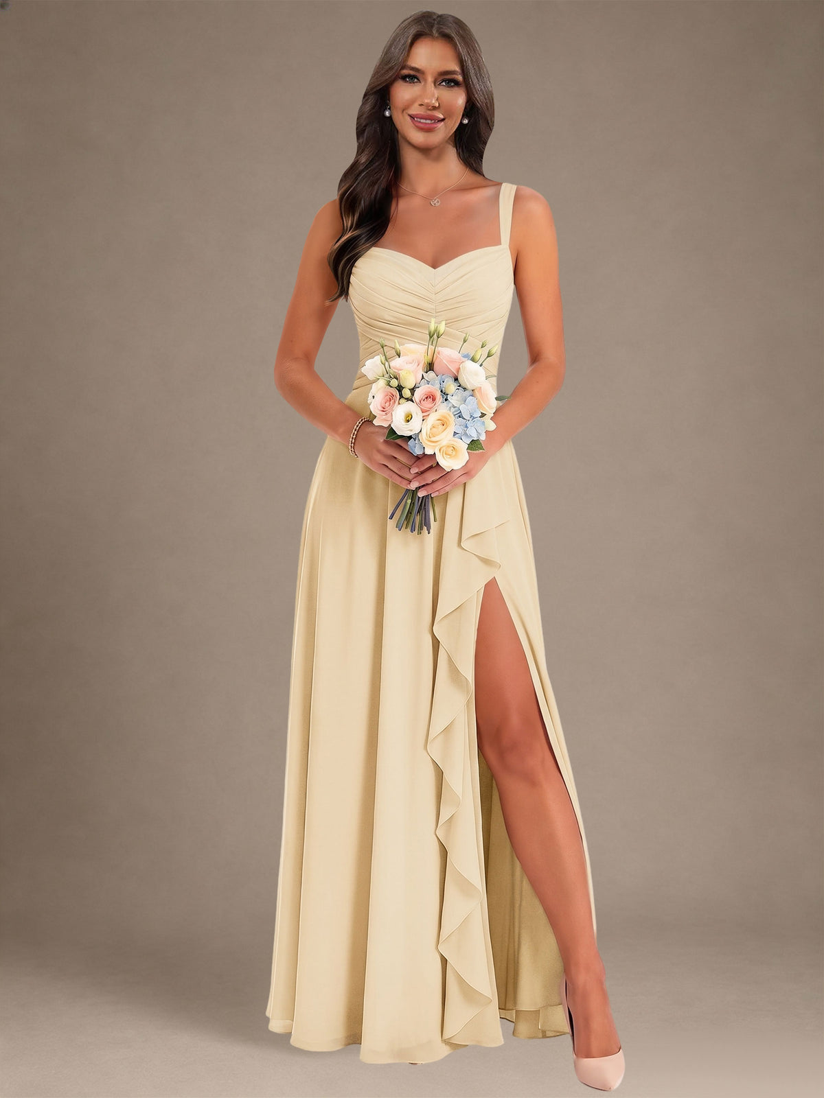 Sweetheart Ruffle Chiffon Bridesmaid Dress With Slit