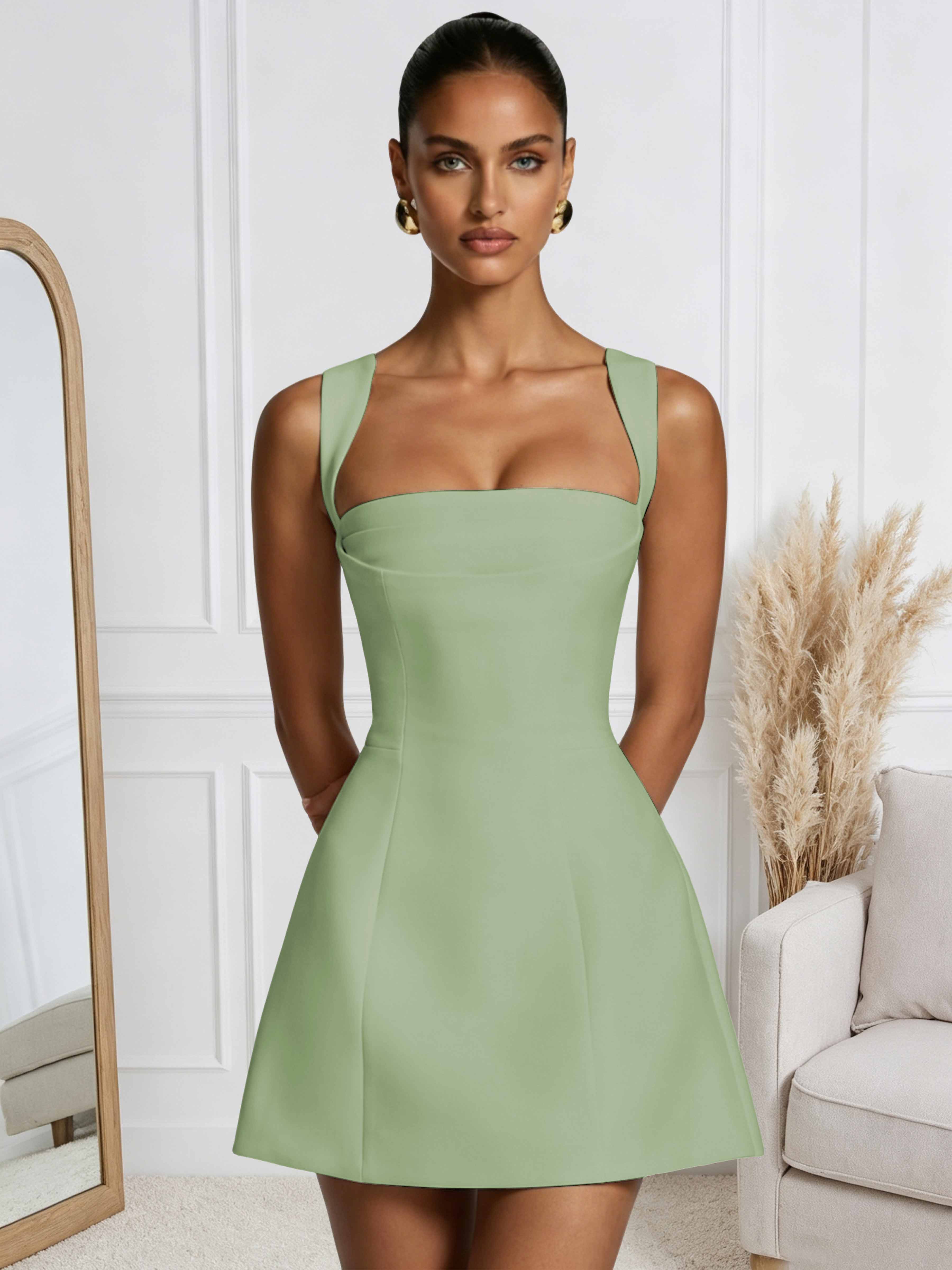 ROVDESY A-Line Square Neck Satin Homecoming Mini Dress