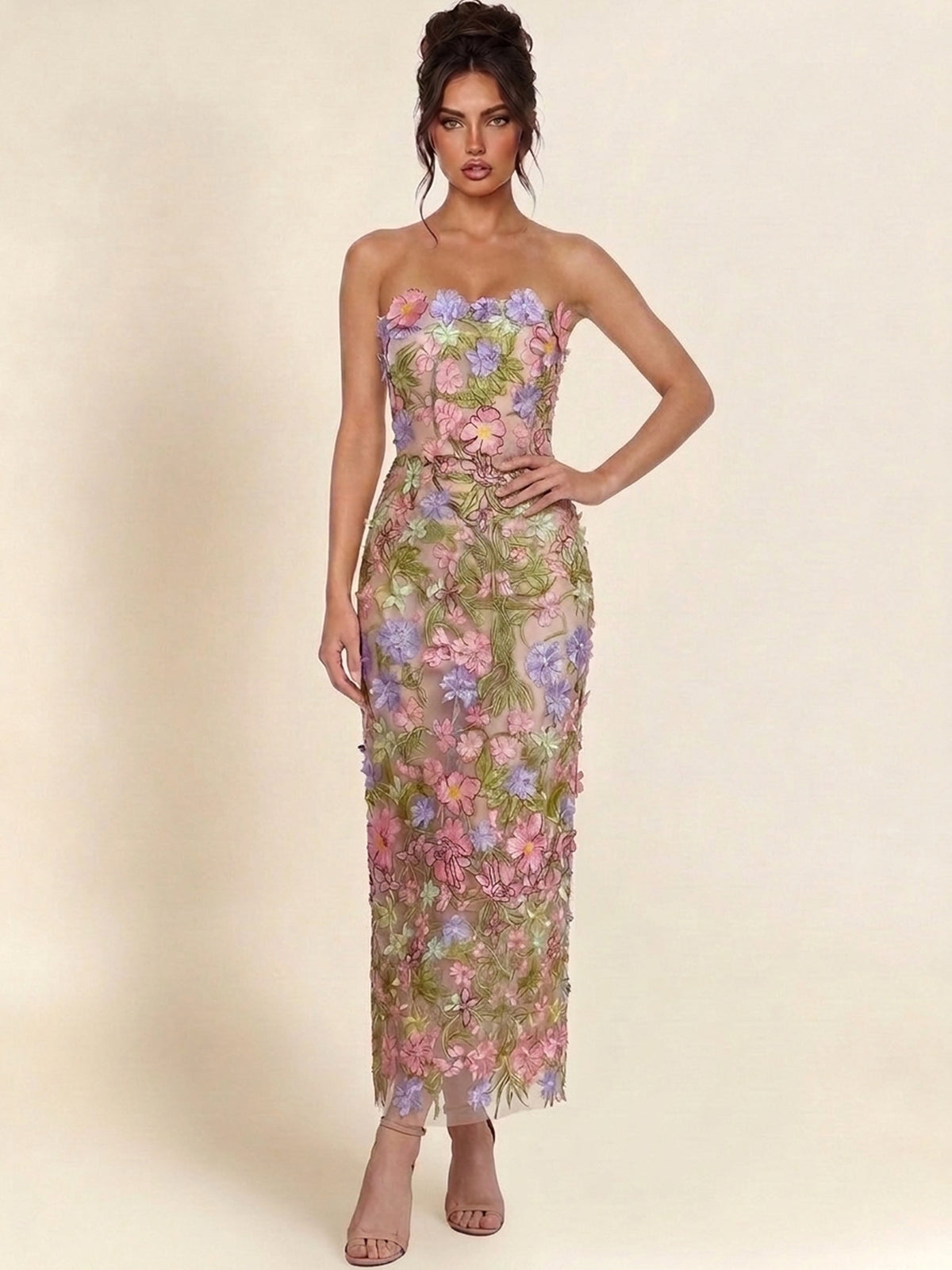 Strapless 3D Floral Lace Midi Bodycon Formal Dress
