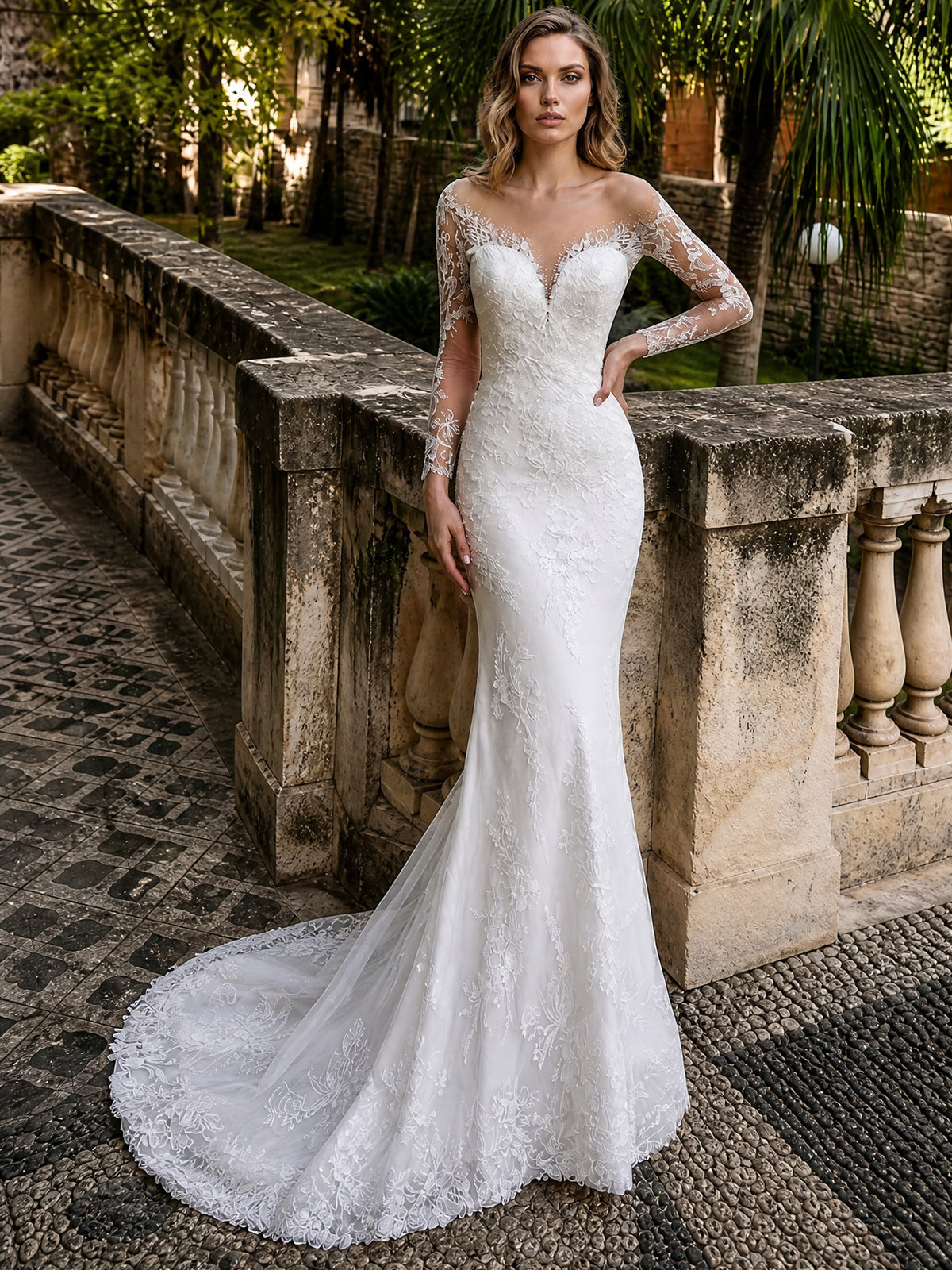 Illusion Long Sleeve Mermaid Lace Wedding Dress