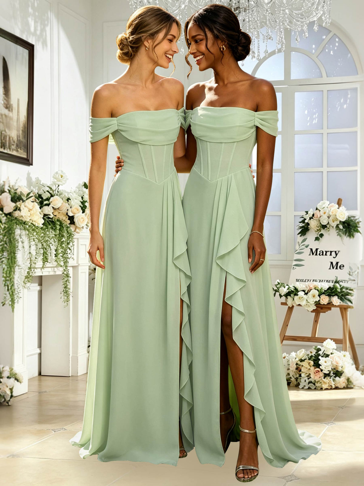 Off the Shoulder Chiffon A Line Long Bridesmaid Dress with Slit