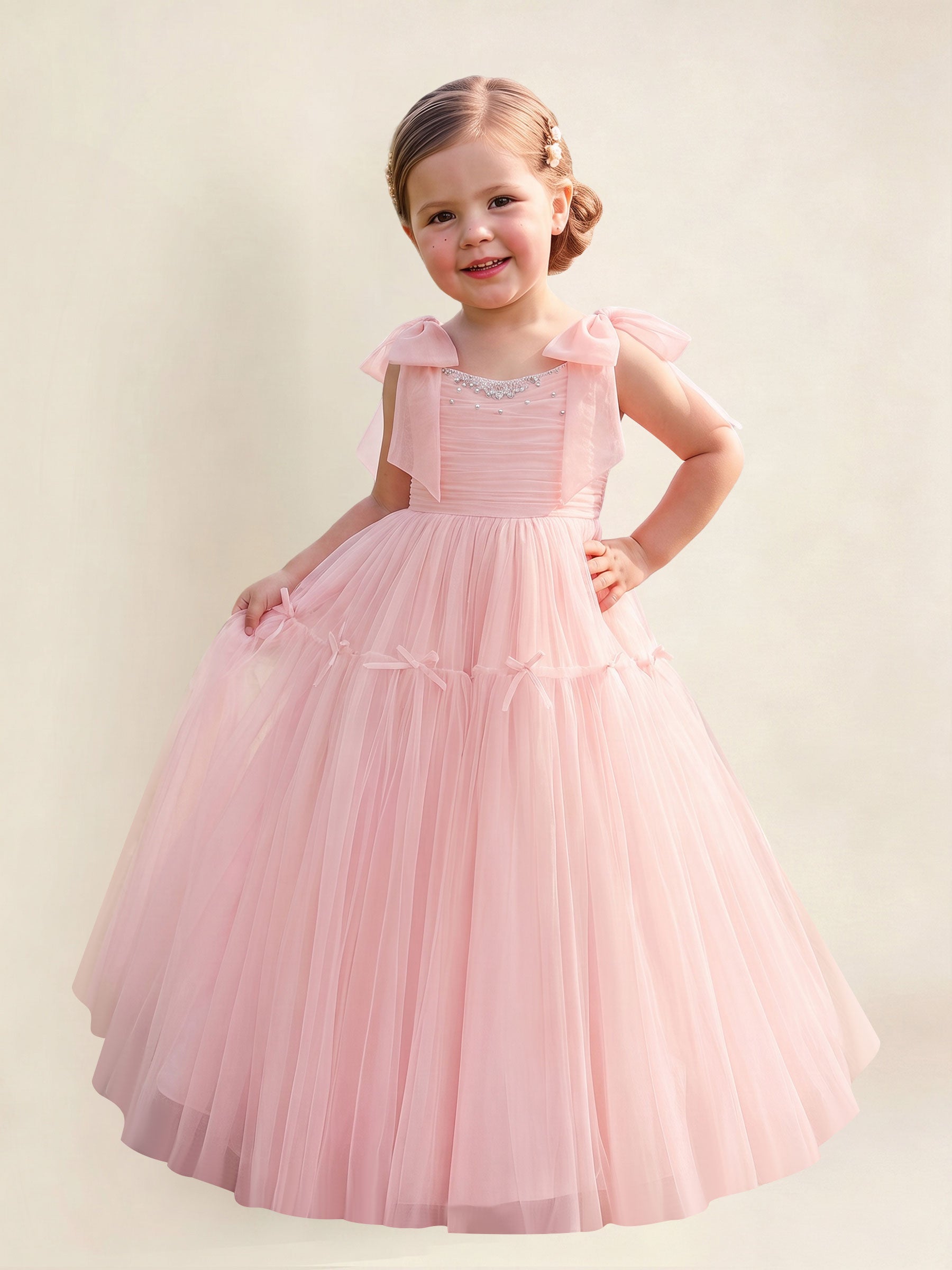 ROVDESY A-Line Tulle Flower Girl Dress With Bow Long Ball Gown Dress