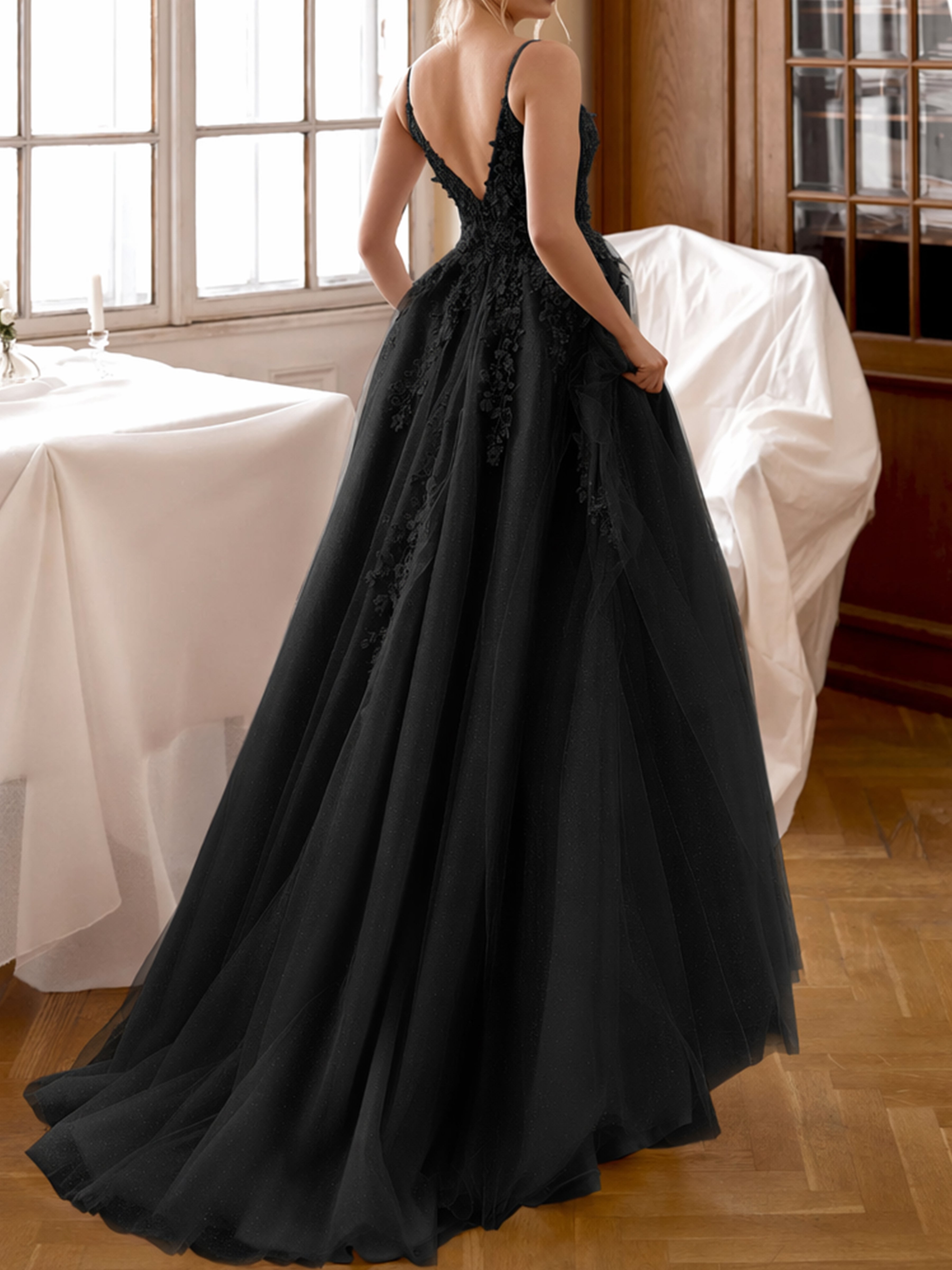 ROVDESY  Spaghetti Strap Deep V Neck Lace A-Line Wedding Dress Bridal Gown With Slit