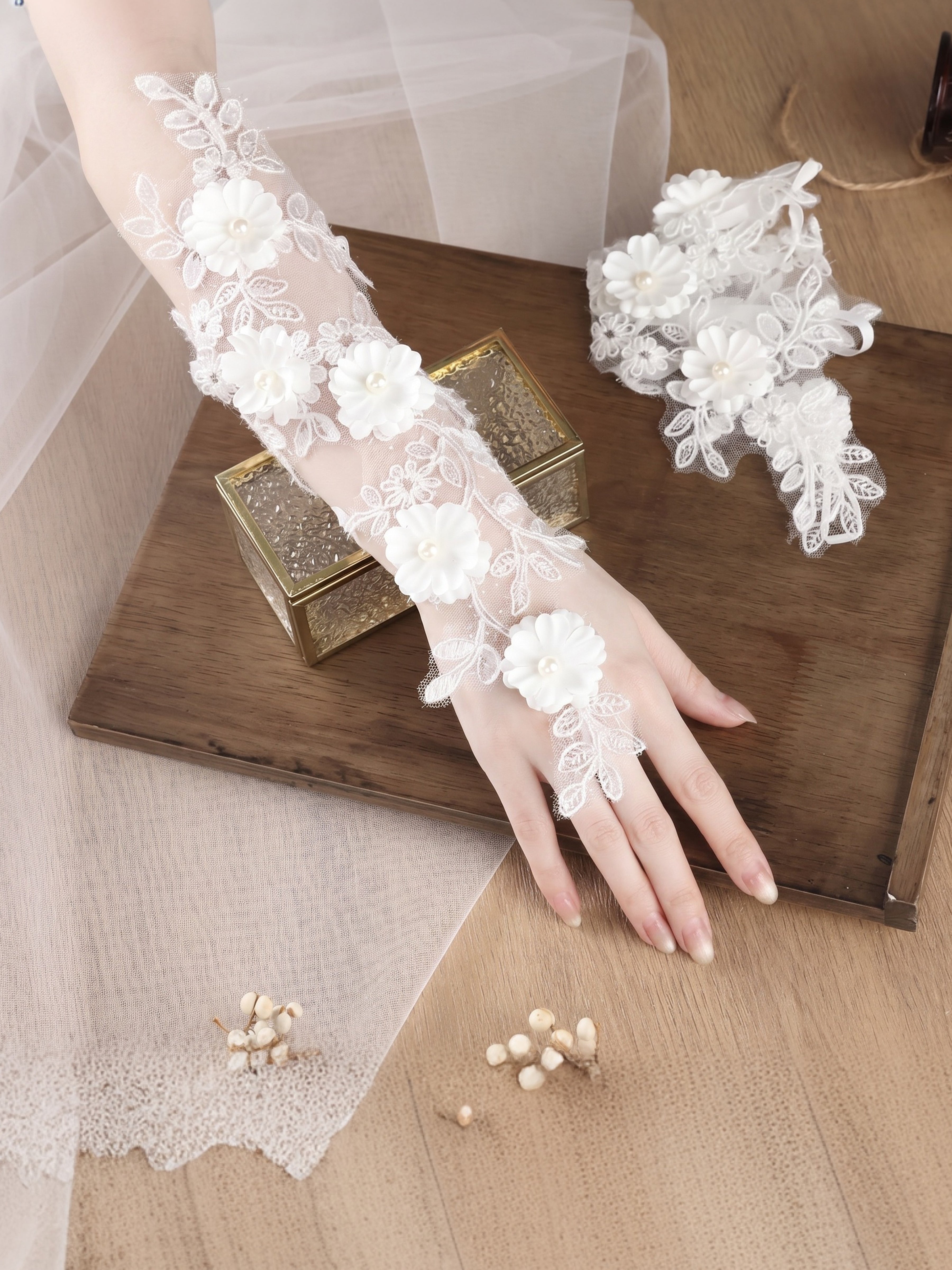 ROVDESY Delicate 3D Floral Lace Sheer Bridal Gloves with Pearl Details
