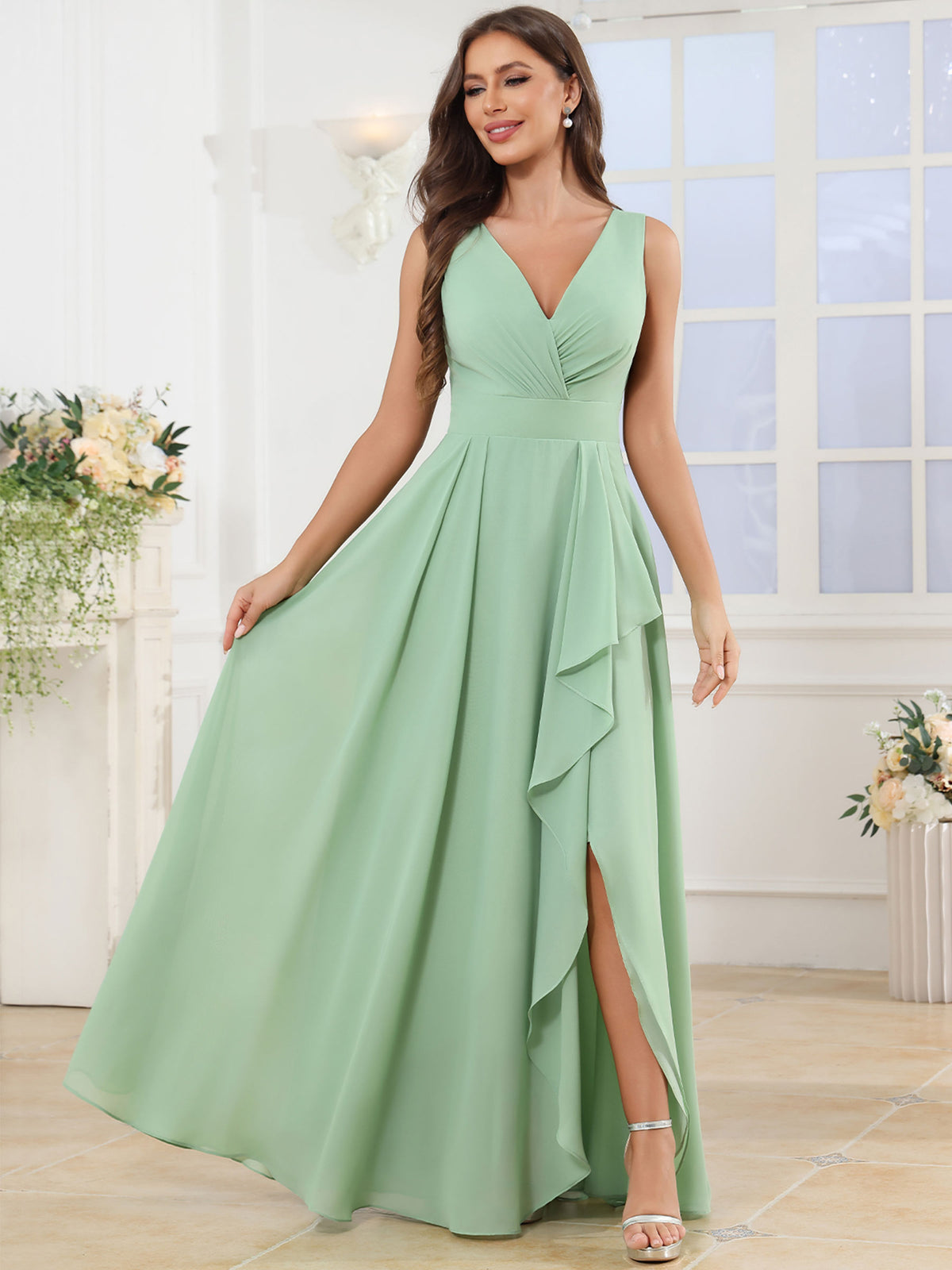 V Neck Chiffon A Line Ruffle Bridesmaid Dress with Slit