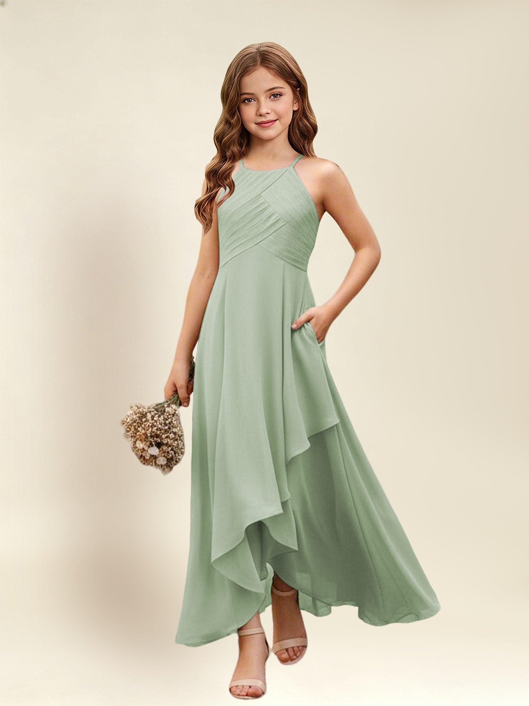 ROVDESY A-Line Halter Pleated Chiffon Junior Bridesmaid Dress