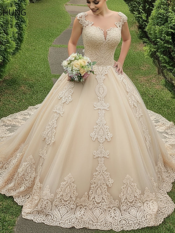 Cap Sleeve Illusion Lace Applique Ball Gown Wedding Dress for Bride