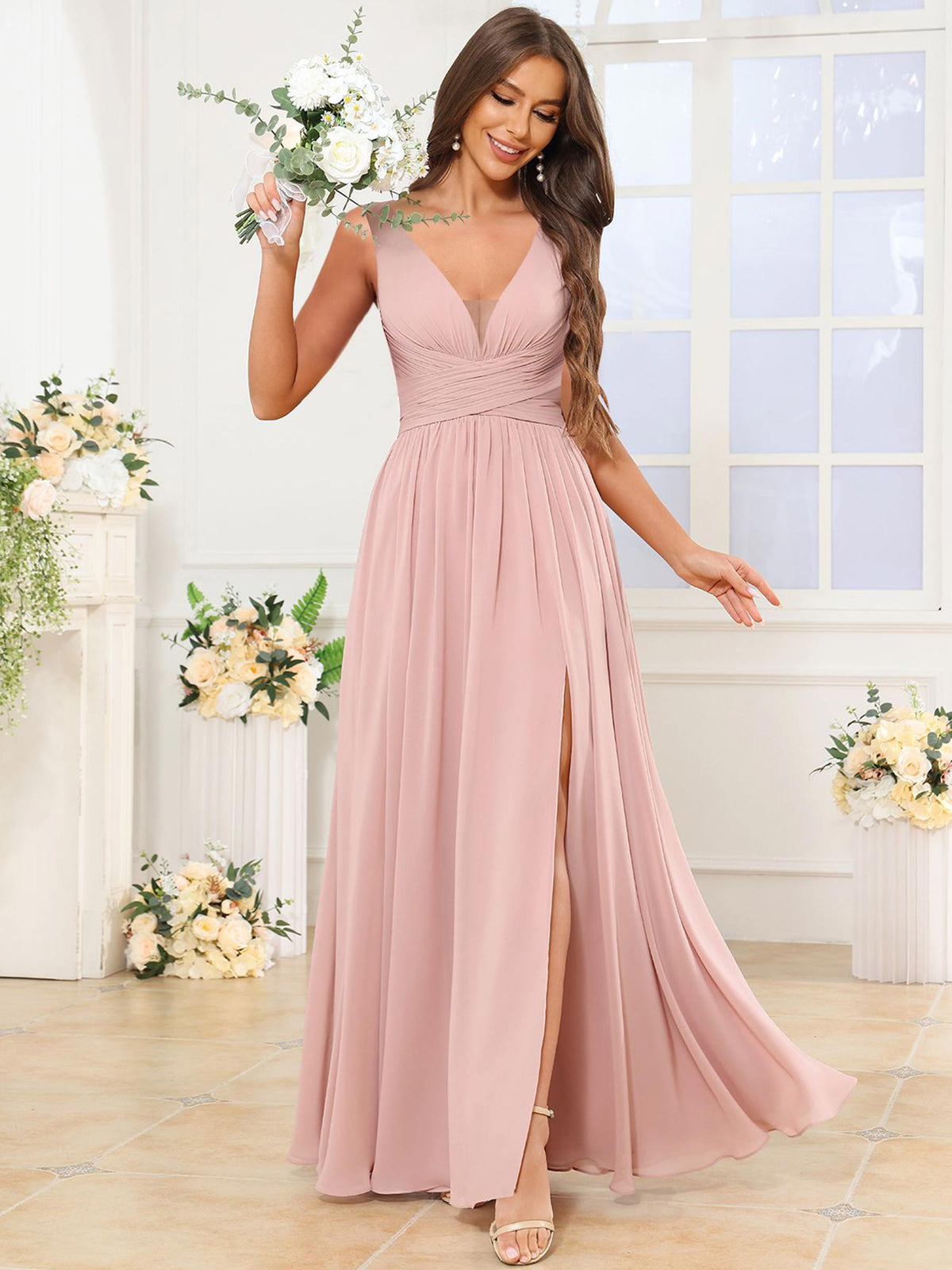 V Neck Chiffon A Line Bridesmaid Dress with Slit