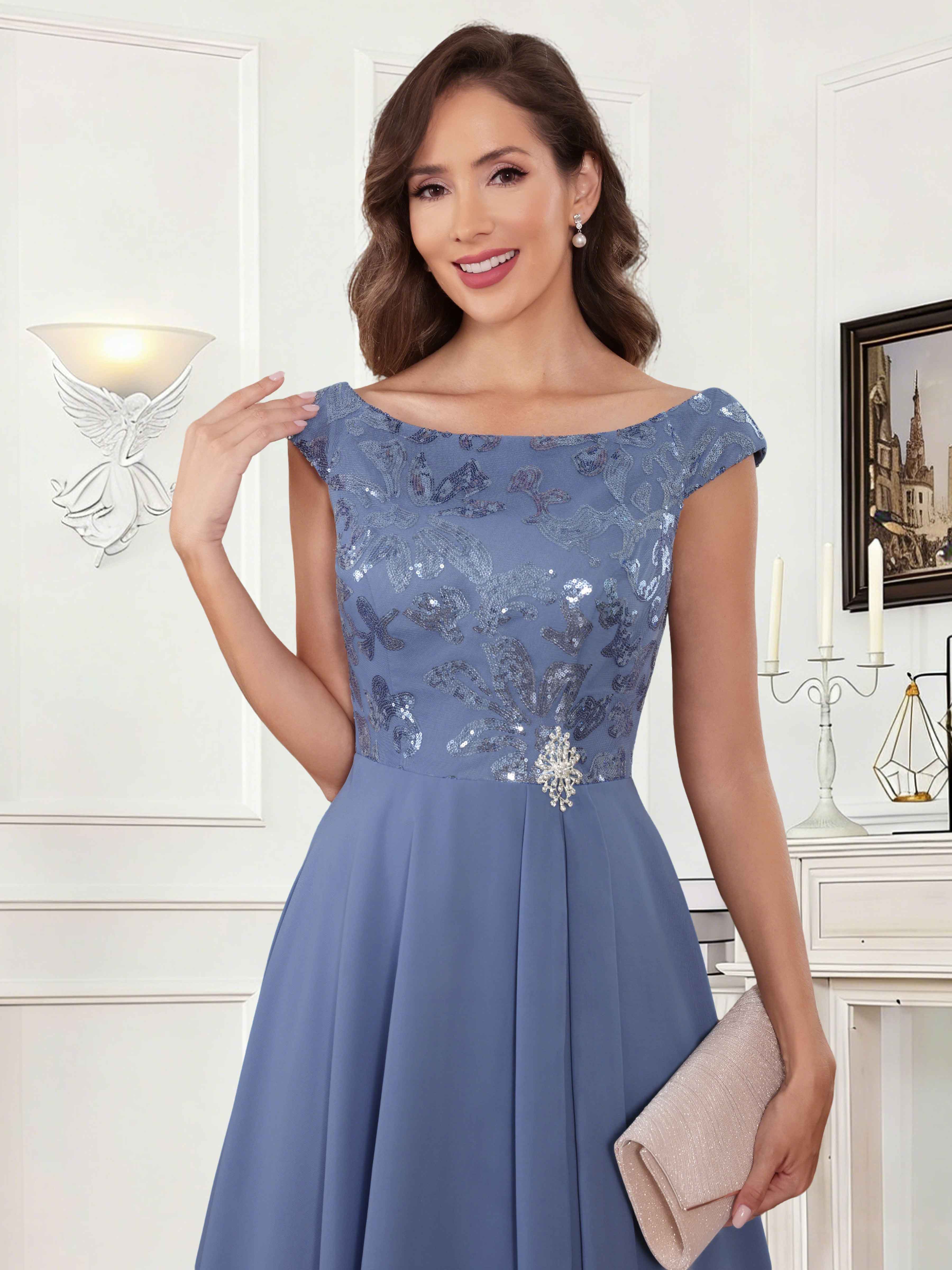 ROVDESY Tea Length Off-The-Shoulder Sequin Chiffon Mother Of The Bride Dress