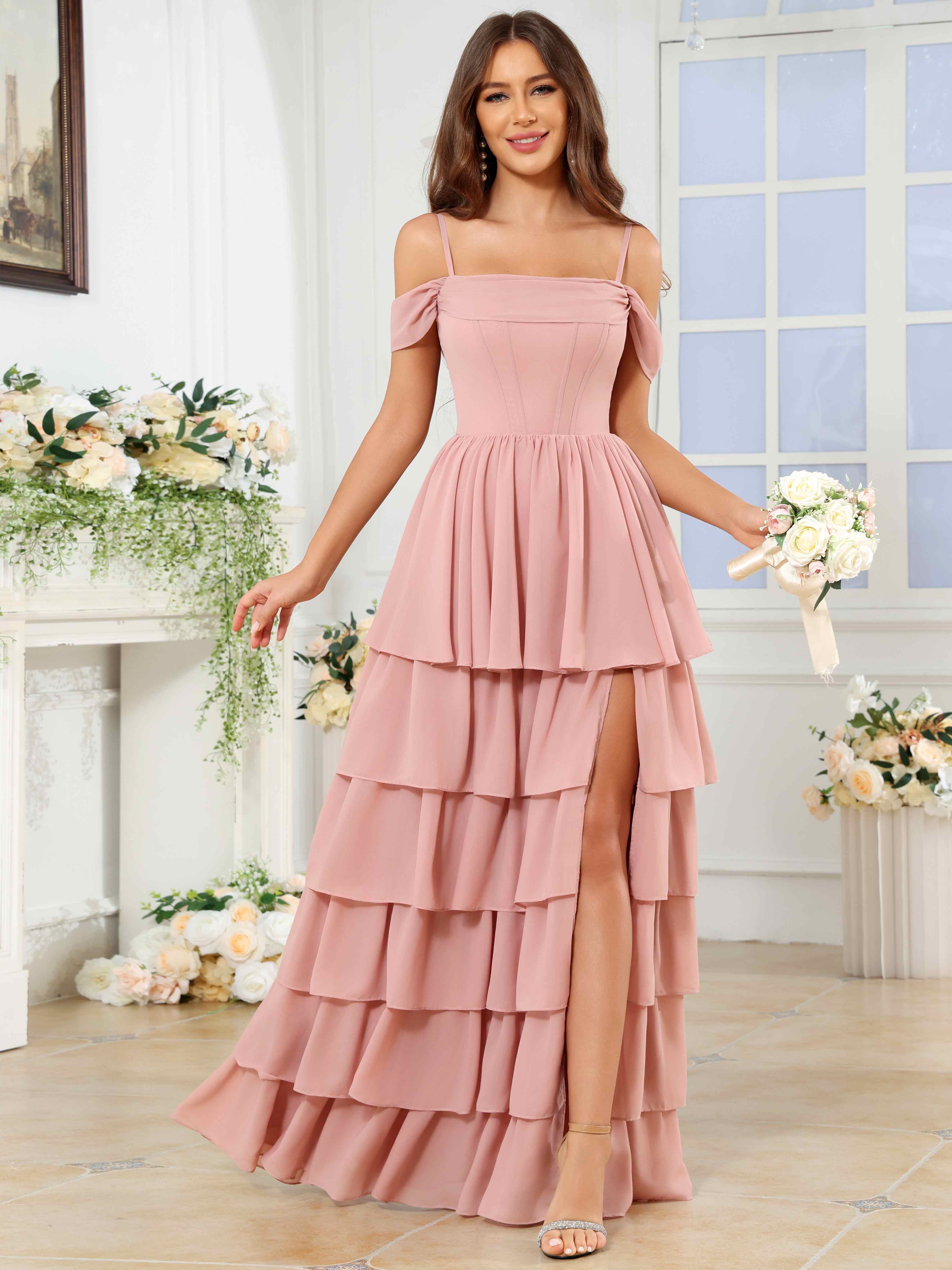 ROVDESY A-Line Off The Shoulder Tiered Chiffon Bridesmaid/Prom Dress With Slit