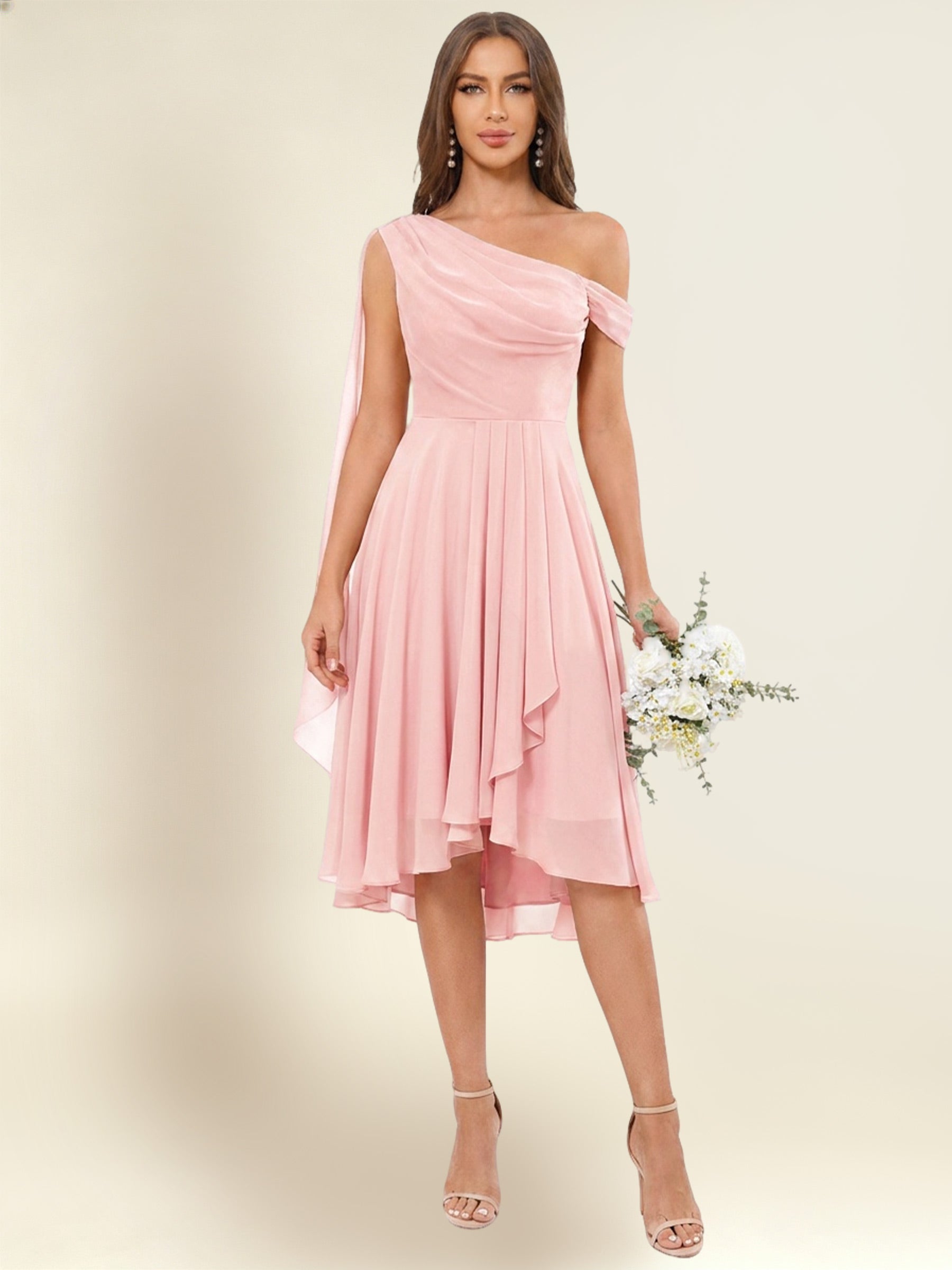ROVDESY A-Line One Shoulder Pleated Chiffon Bridesmaid Dress With Flowing Sash