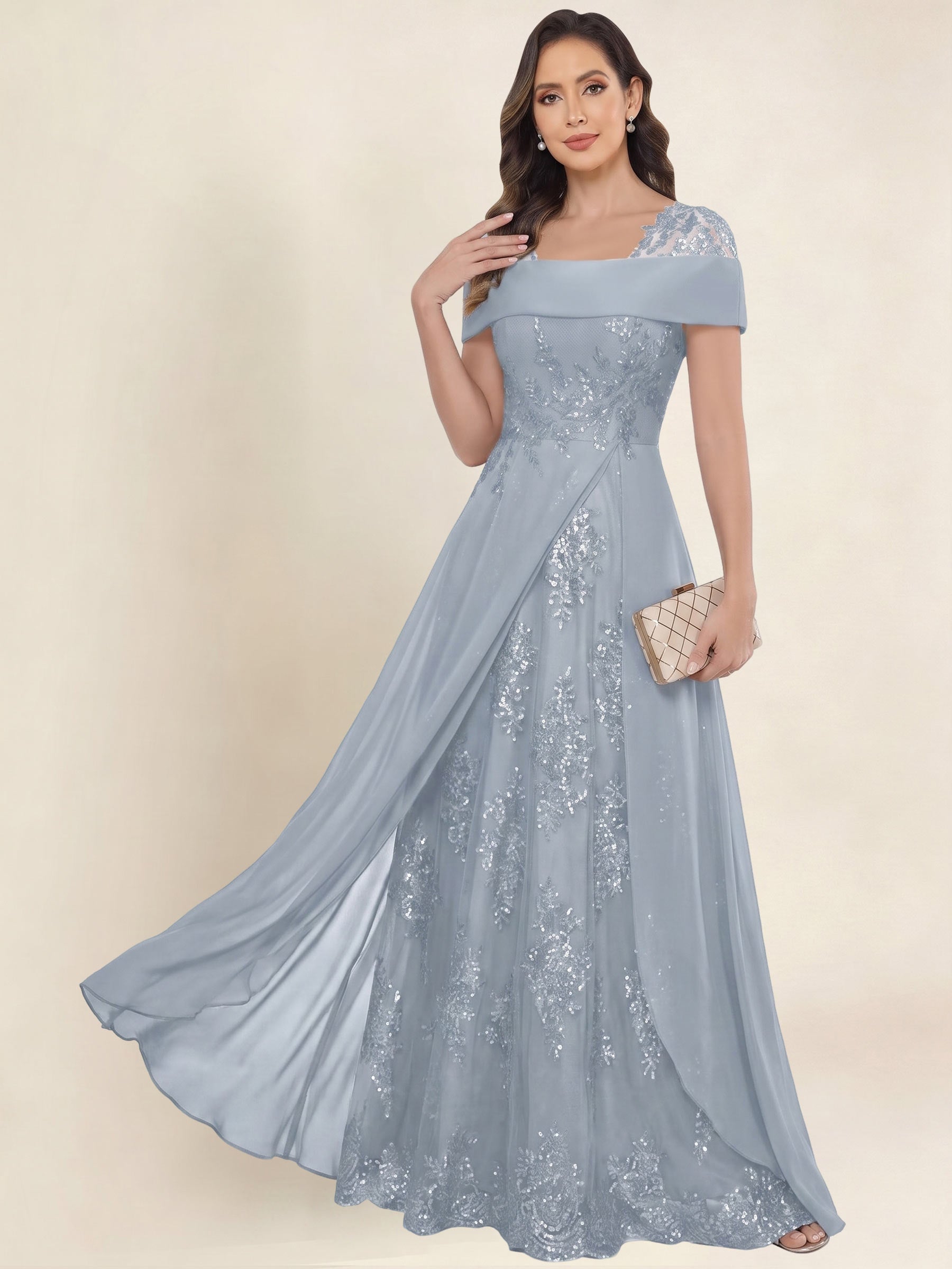 ROVDESY A-Line Off The Shoulder Lace Chiffon Long Mother of the Bride Dress Formal Gown