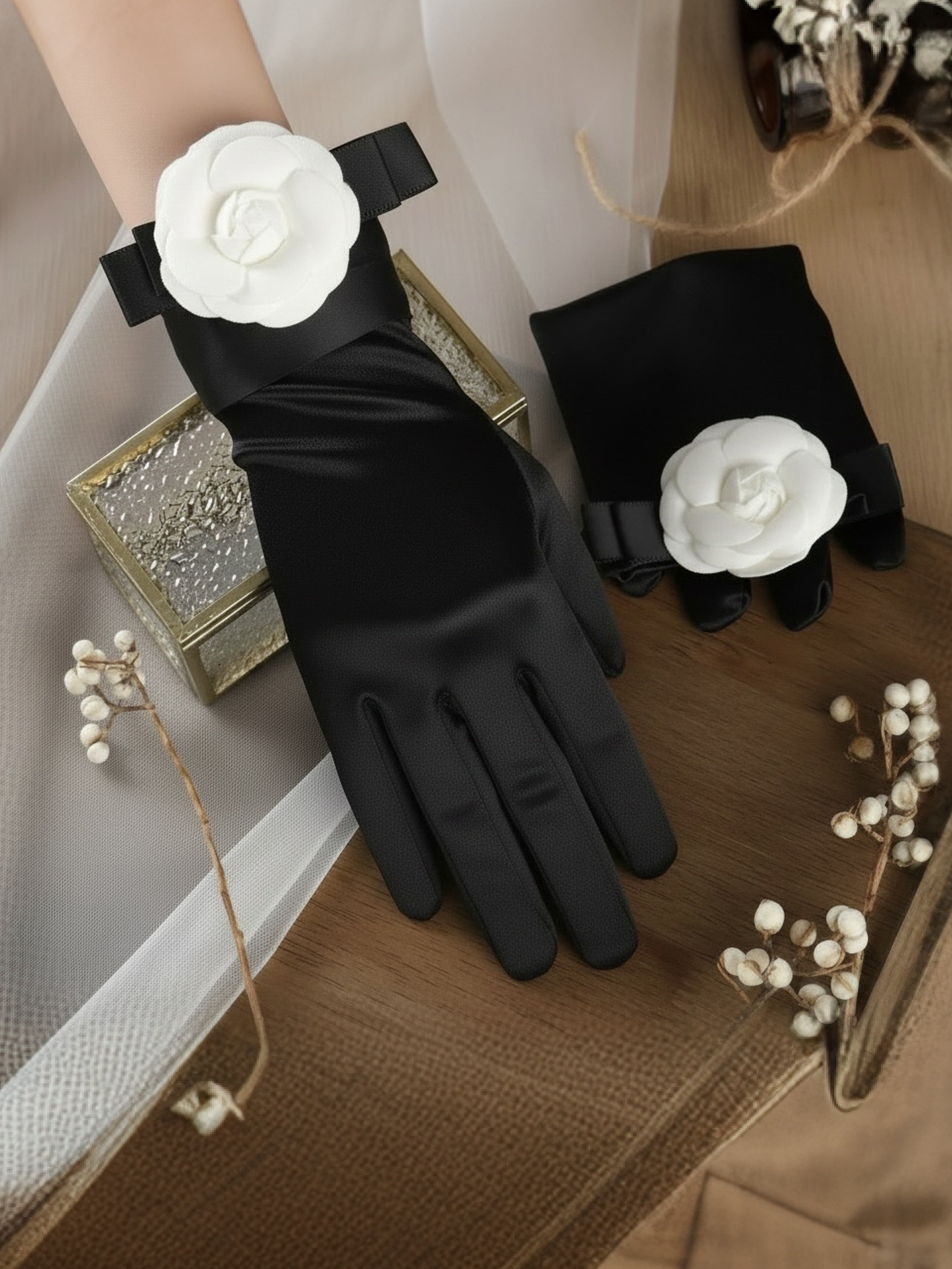 ROVDESY Black Satin Opera Gloves with White Camellia Flower Accent