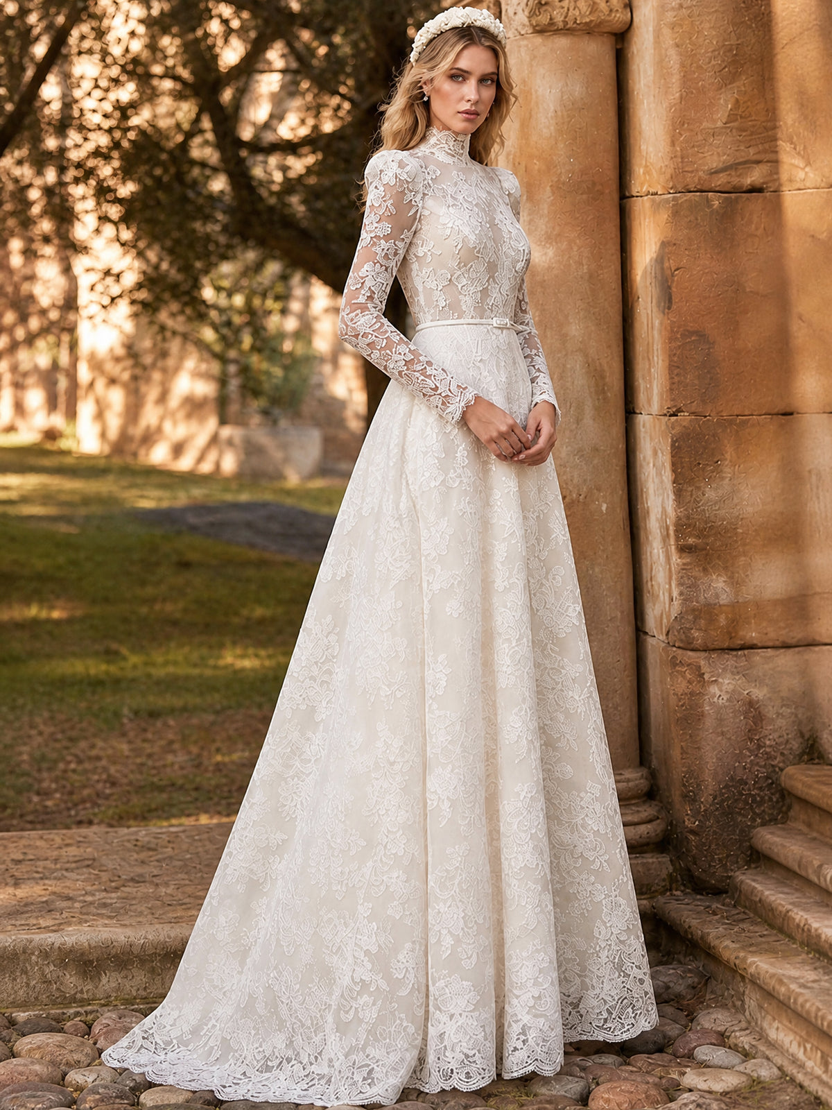 A-Line High‑Neck Long Sleeve Lace Wedding Dress With Open Back