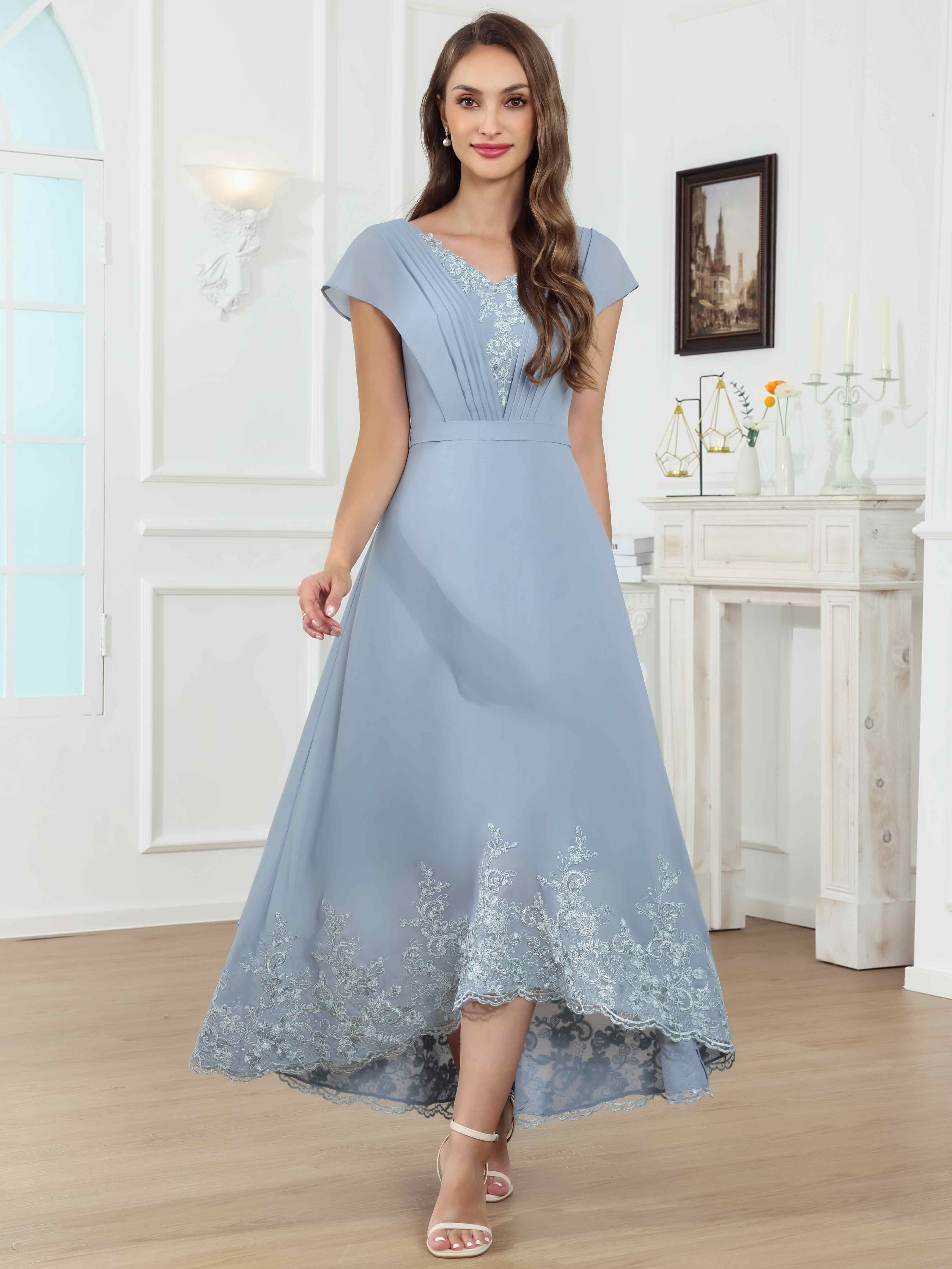 ROVDESY Tea Length High-Low V-Neck Ruched Lace Chiffon Mother of The Bride Dress for Women