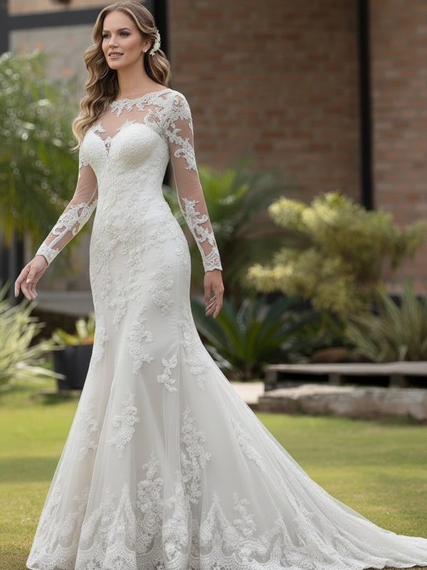Long Sleeve Illusion Neck Lace Mermaid Wedding Dress with Sweep Train
