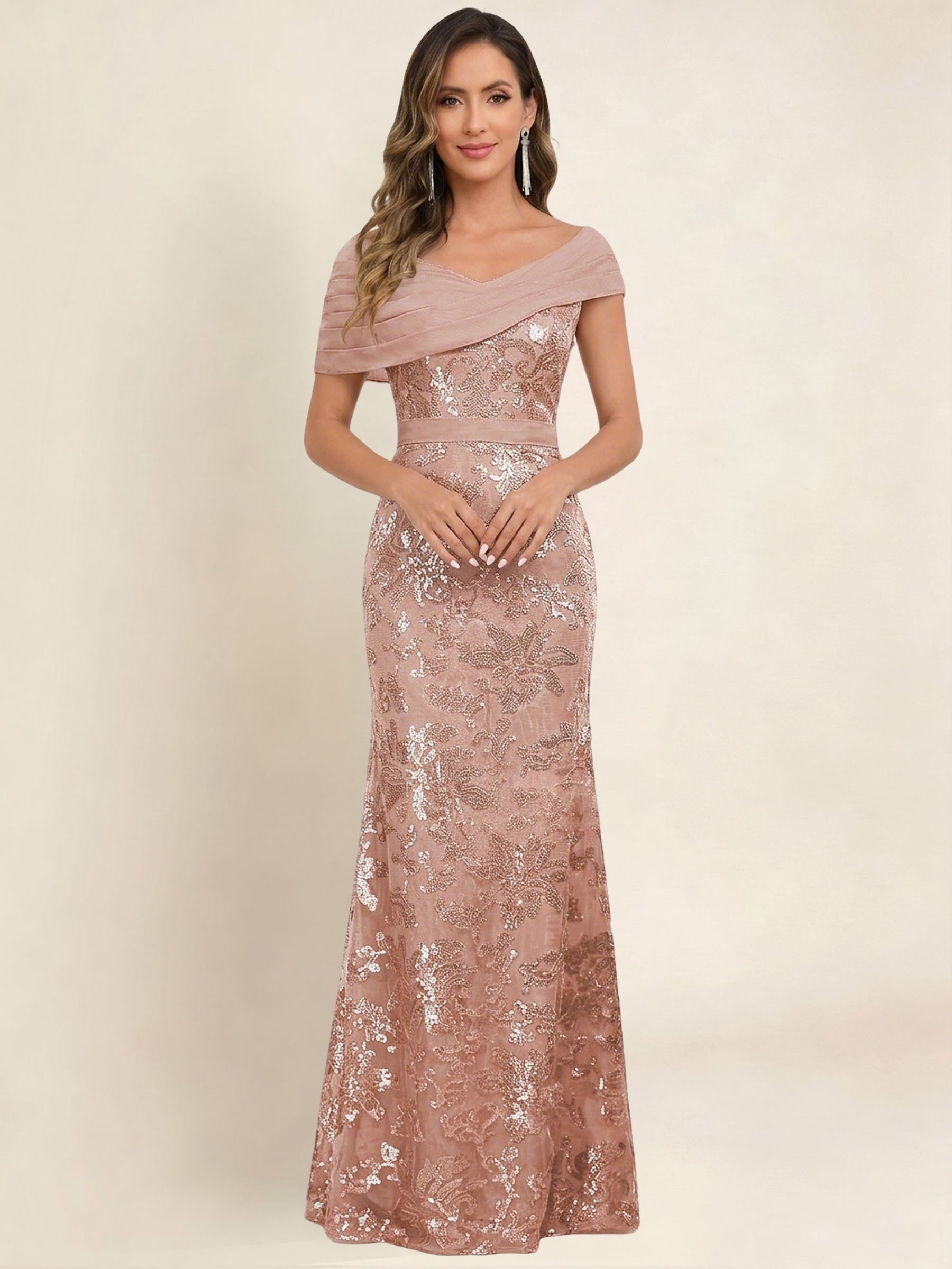ROVDESY Off the Shoulder Sequin Mermaid Long Mother Of The Bride Dress Formal Gown