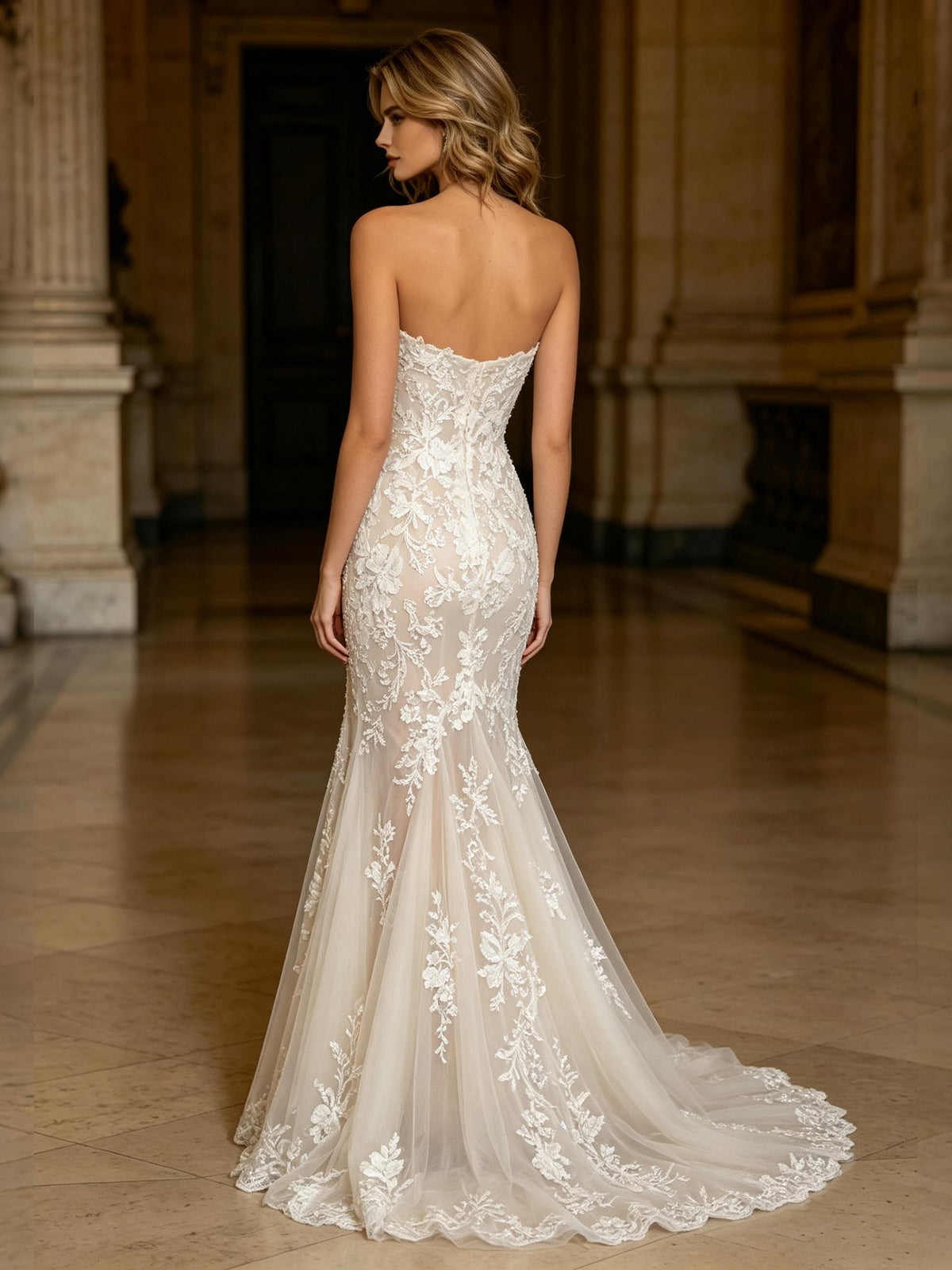 Strapless Lace Mermaid Wedding Dress With High Slit Sweep Train Bridal Gown