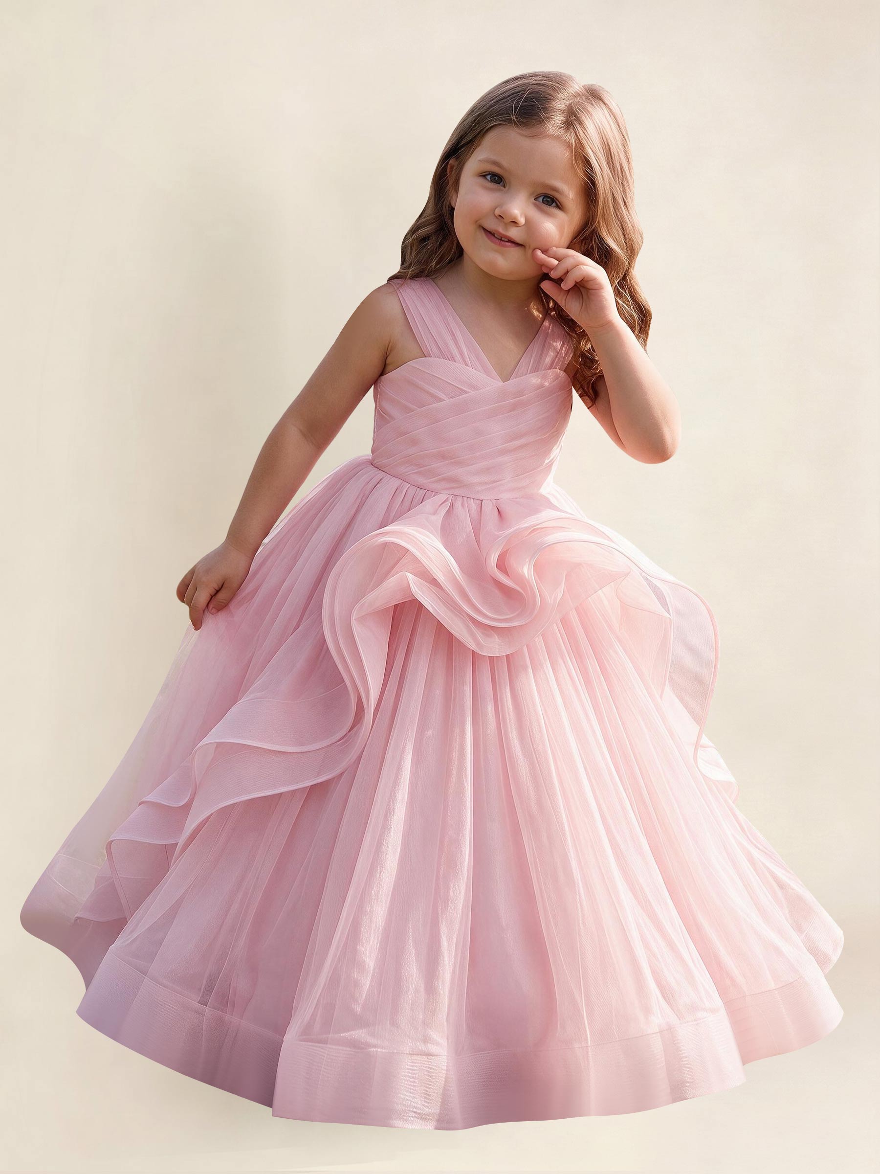 ROVDESY A-Line V-Neck Tulle Flower Girl Dress With Sleeveless Long Ball Gown Dress