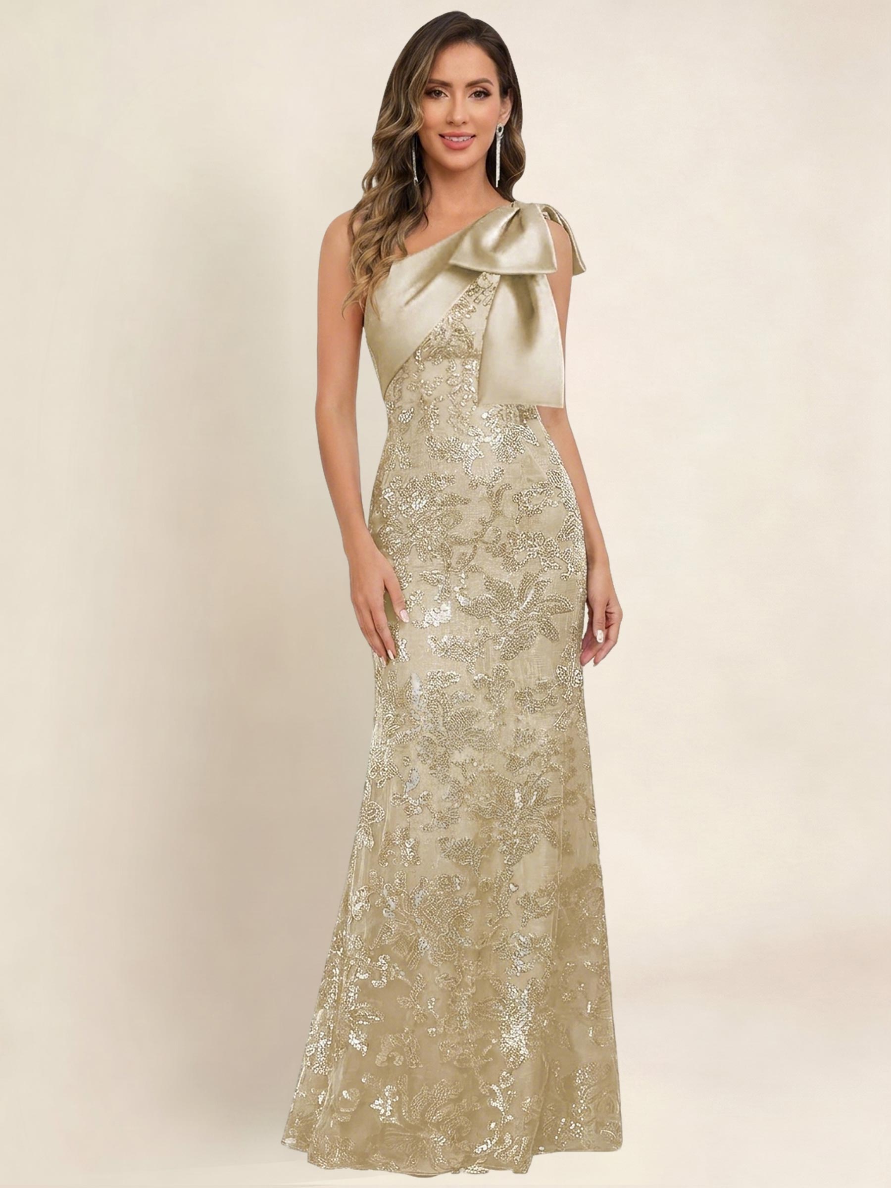 ROVDESY One Shoulder Sequin Mermaid Long Mother Of The Bride Dress Formal Gown With Bow