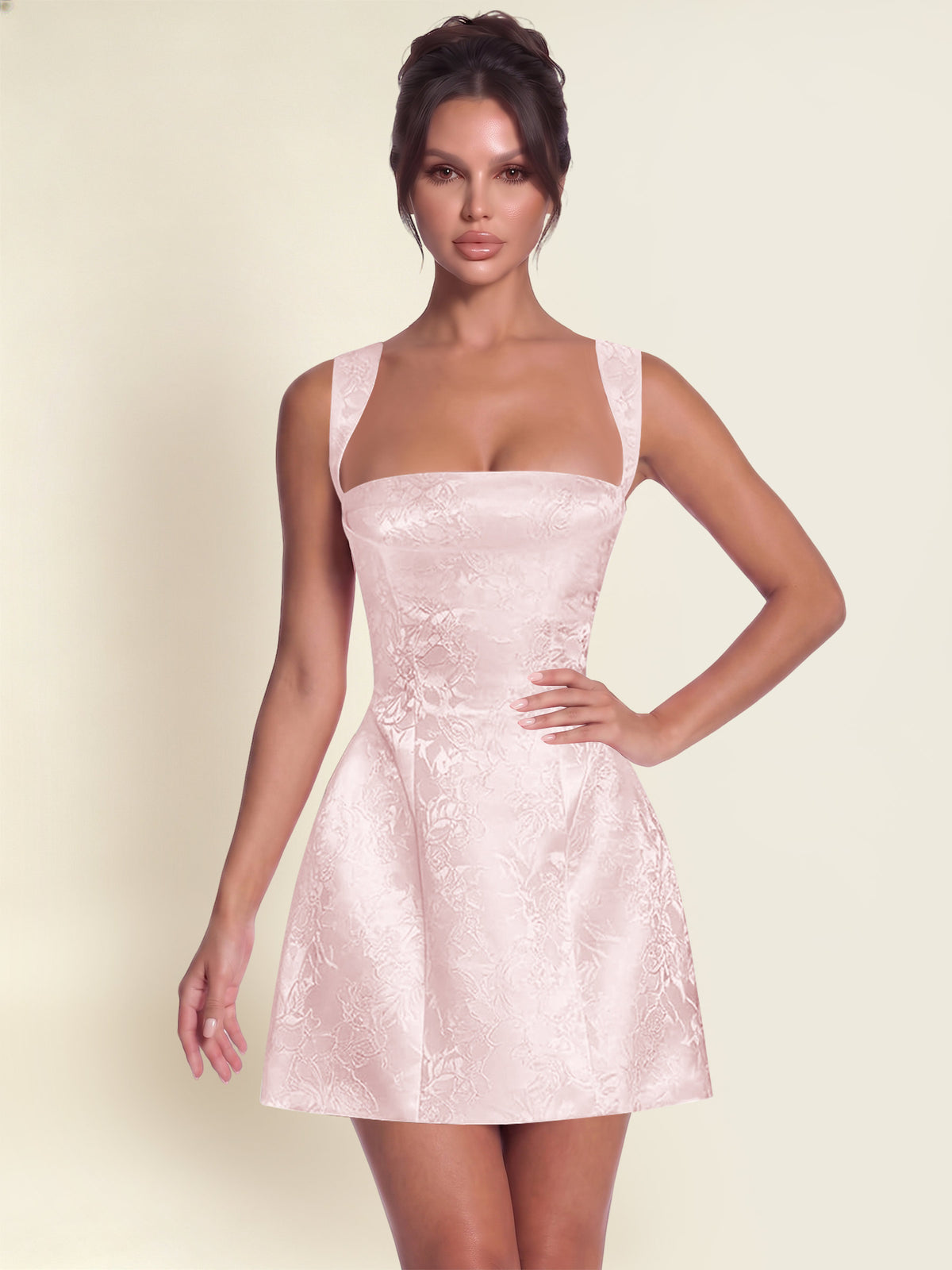 ROVDESY A-Line Square Neck Jacquard Satin Homecoming Mini Dress