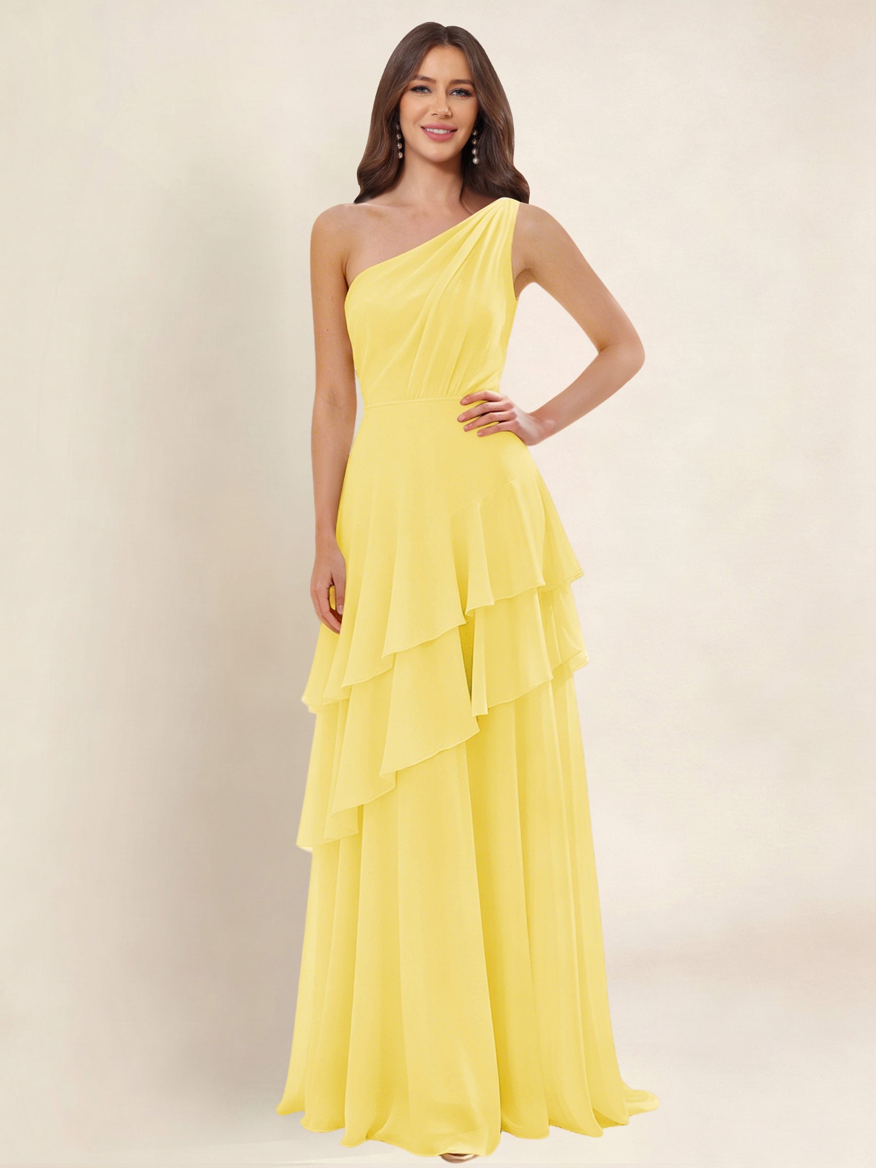 ROVDESY A-Line One Shoulder Pleated Tiered Chiffon Bridesmaid Dress
