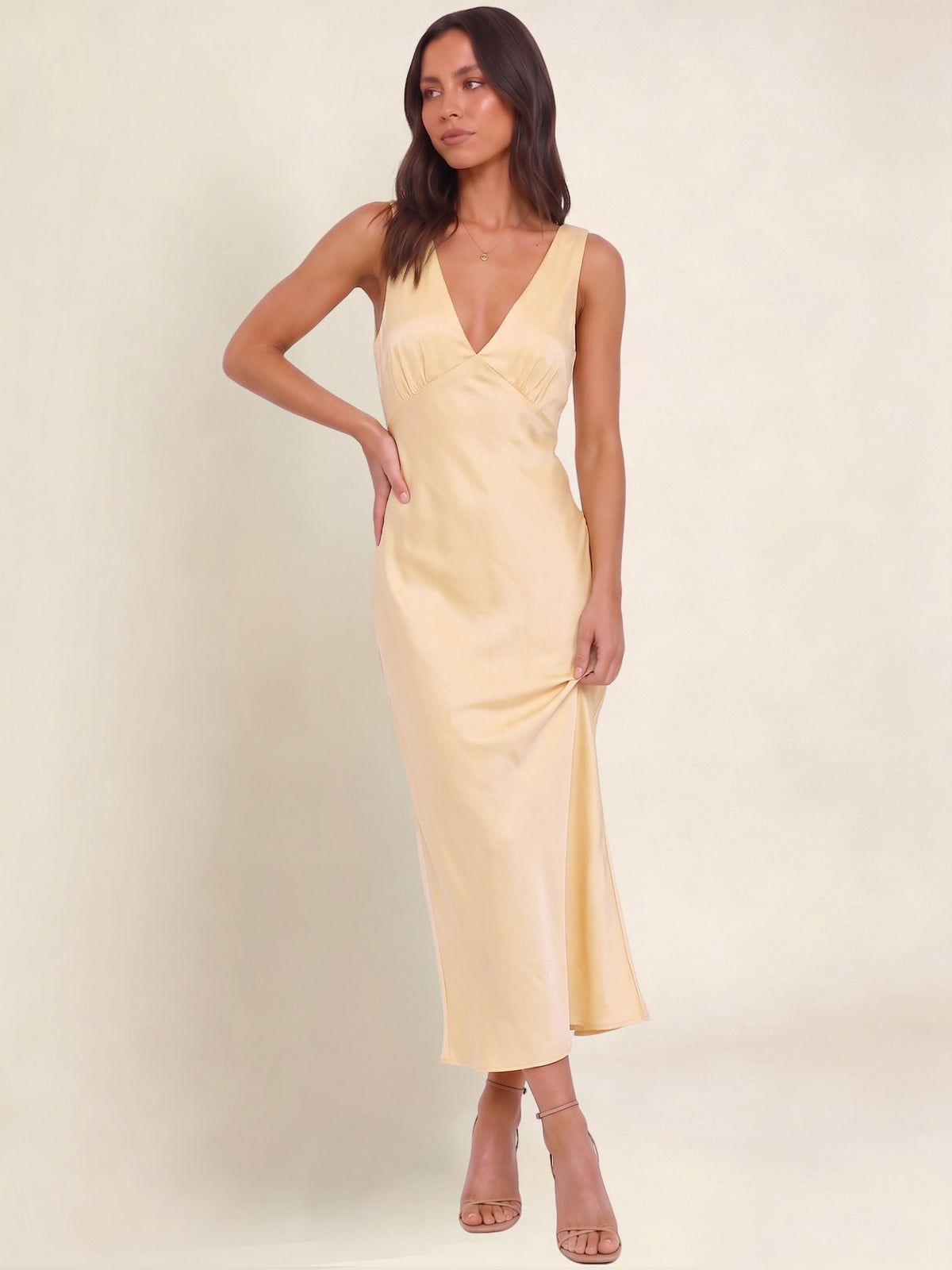 Elegant Deep V-Neck Satin Midi Bridesmaid Dress