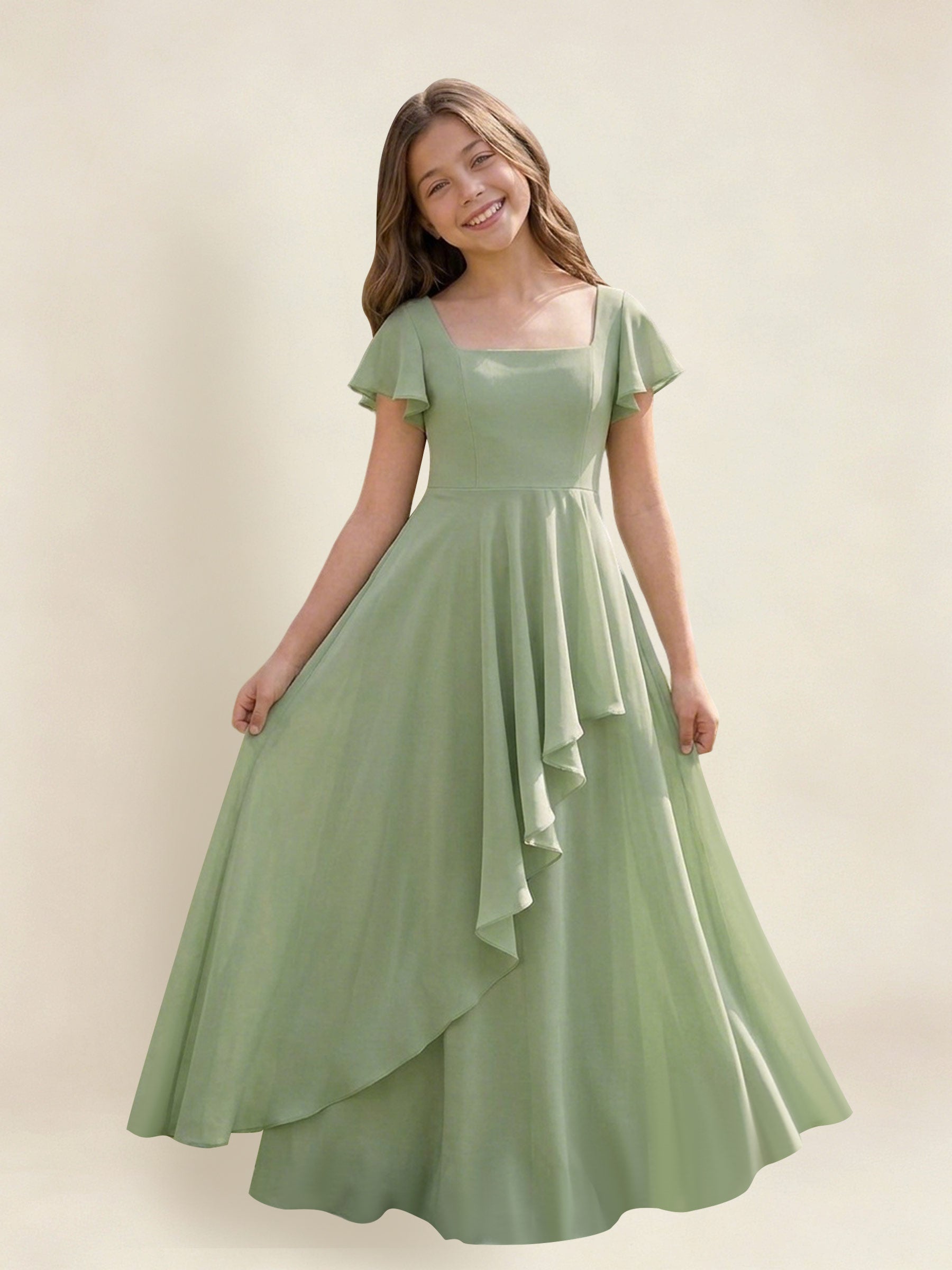 ROVDESY A-Line Square Neck Ruffle Chiffon Junior Bridesmaid Dress With Short Sleeves