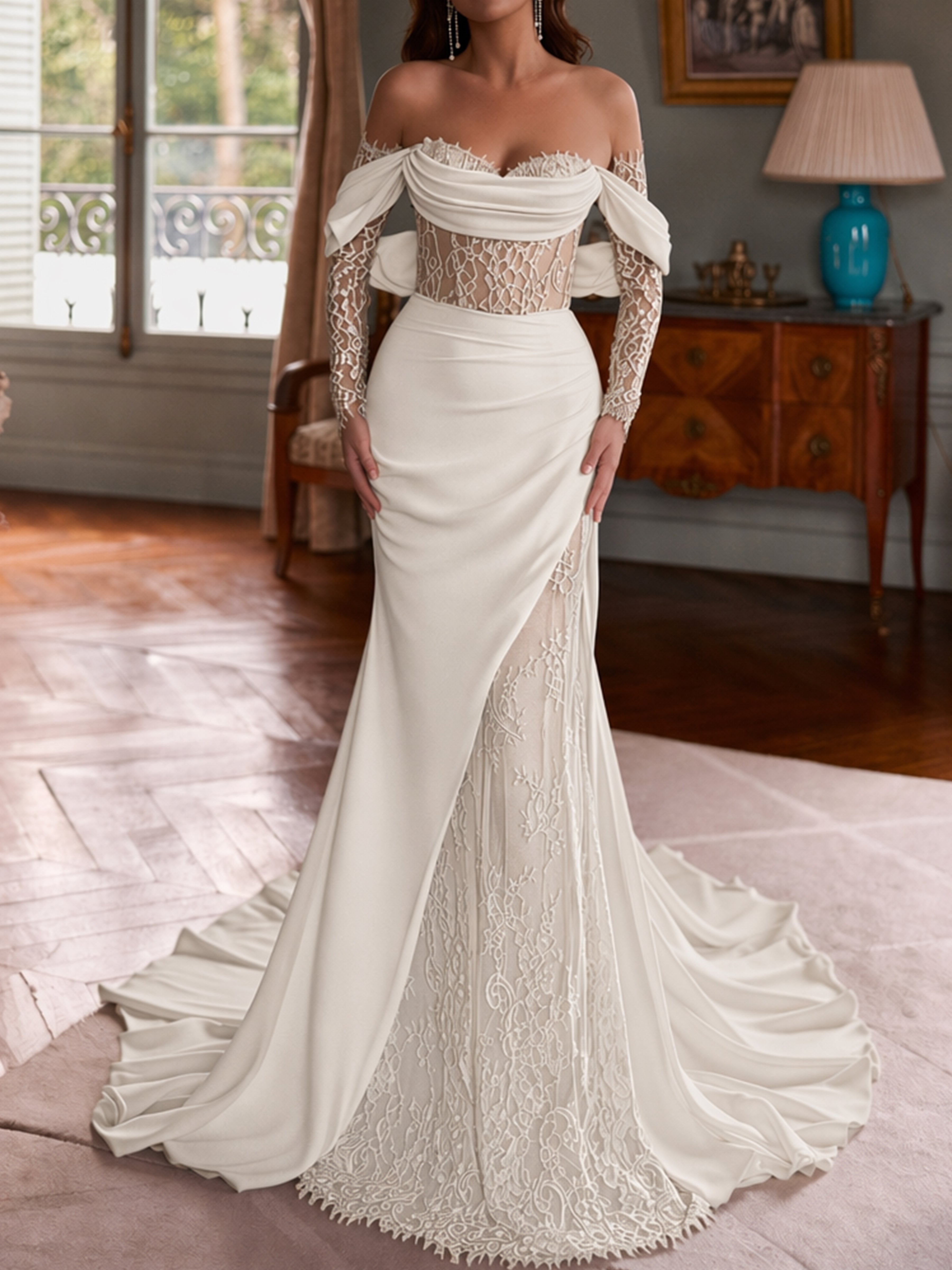 ROVDESY Off The Shoulder Long Sleeve Lace Mermaid Wedding Dress Bridal Gown With Slit