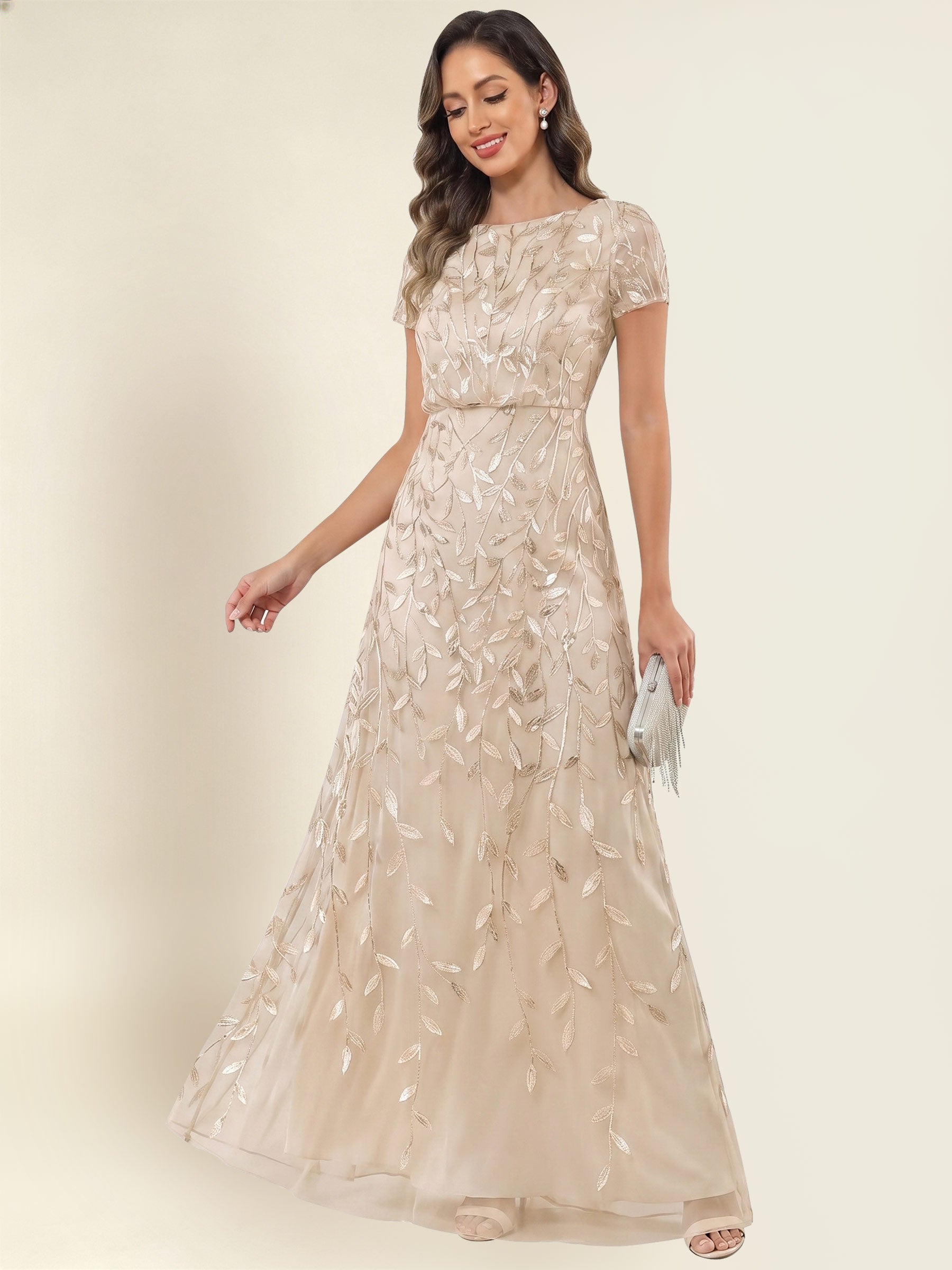 ROVDESY Sequin Mermaid Long Mother Of The Bride Dress With Short Sleeves Formal Gown