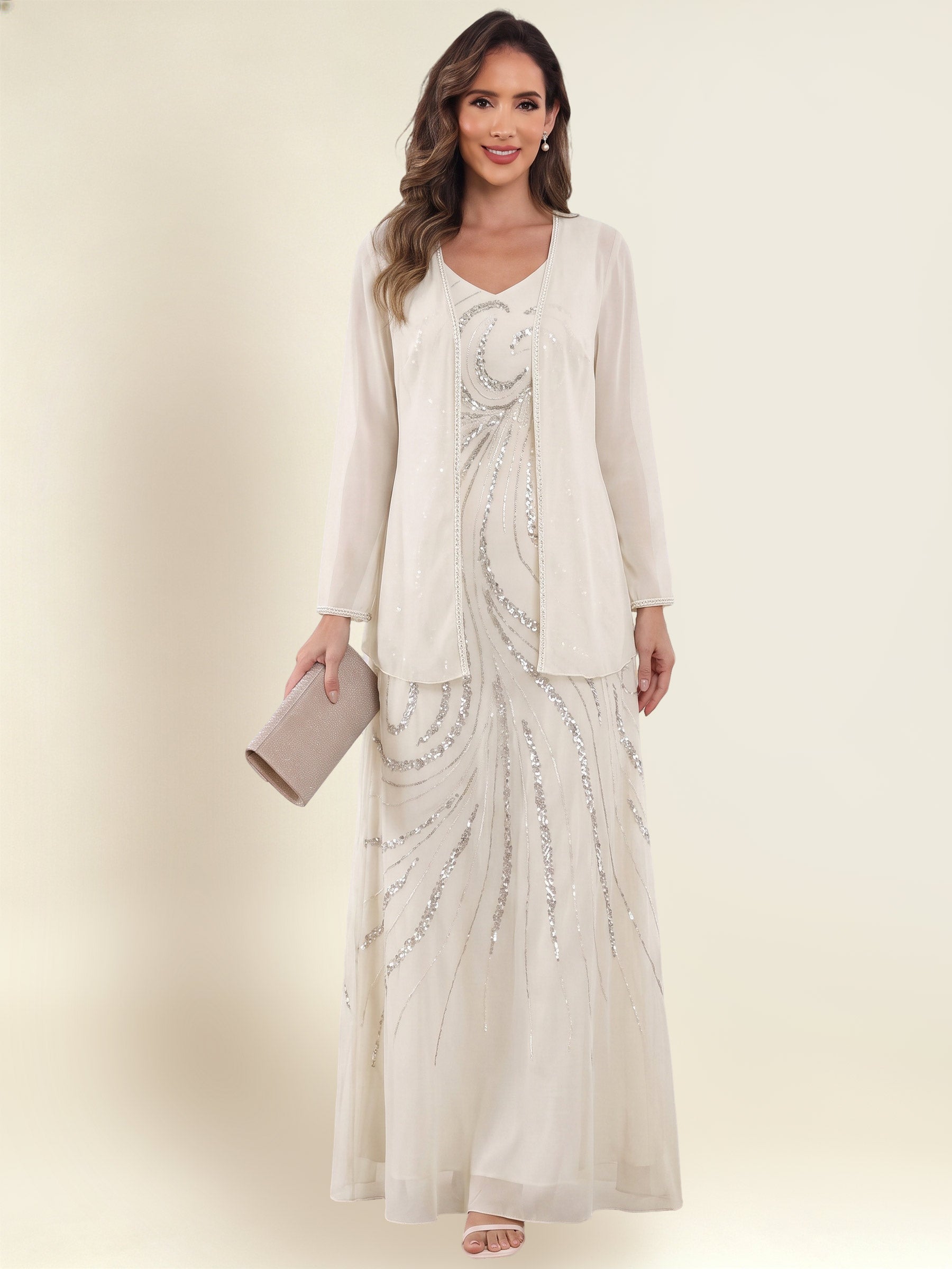 ROVDESY 2 Pieces V-Neck Sequin Chiffon Long Mother Of The Bride Dress With Long Sleeve Jacket